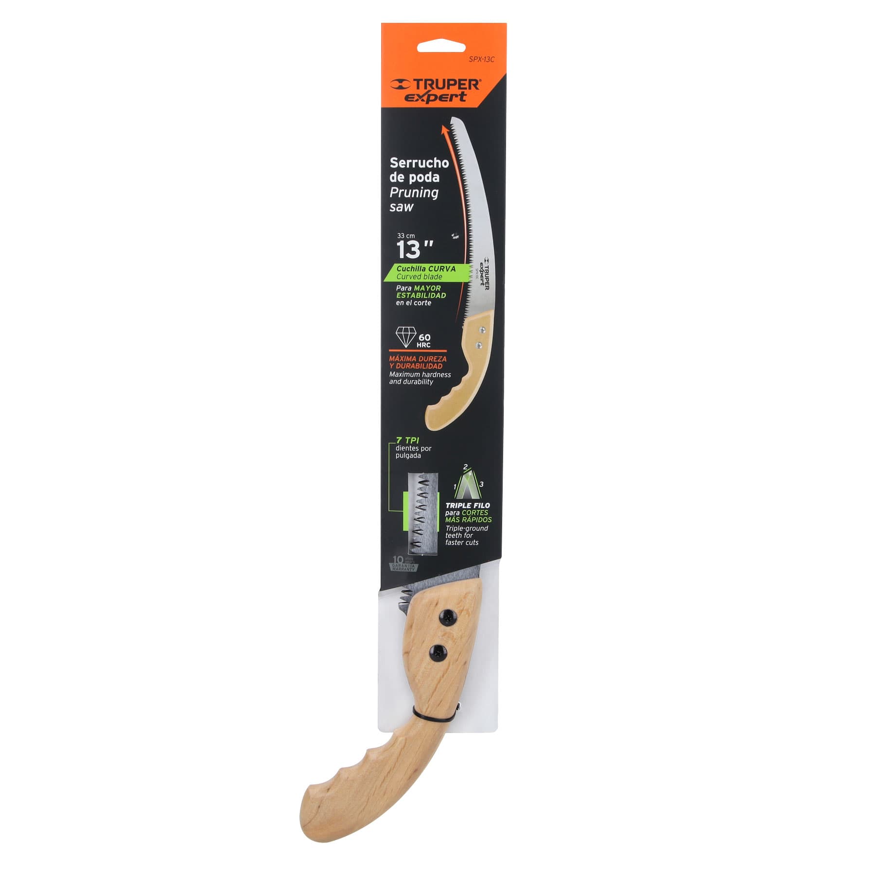 Serrucho de poda 13",hoja curva,7 DPP, mango madera, EXPERT