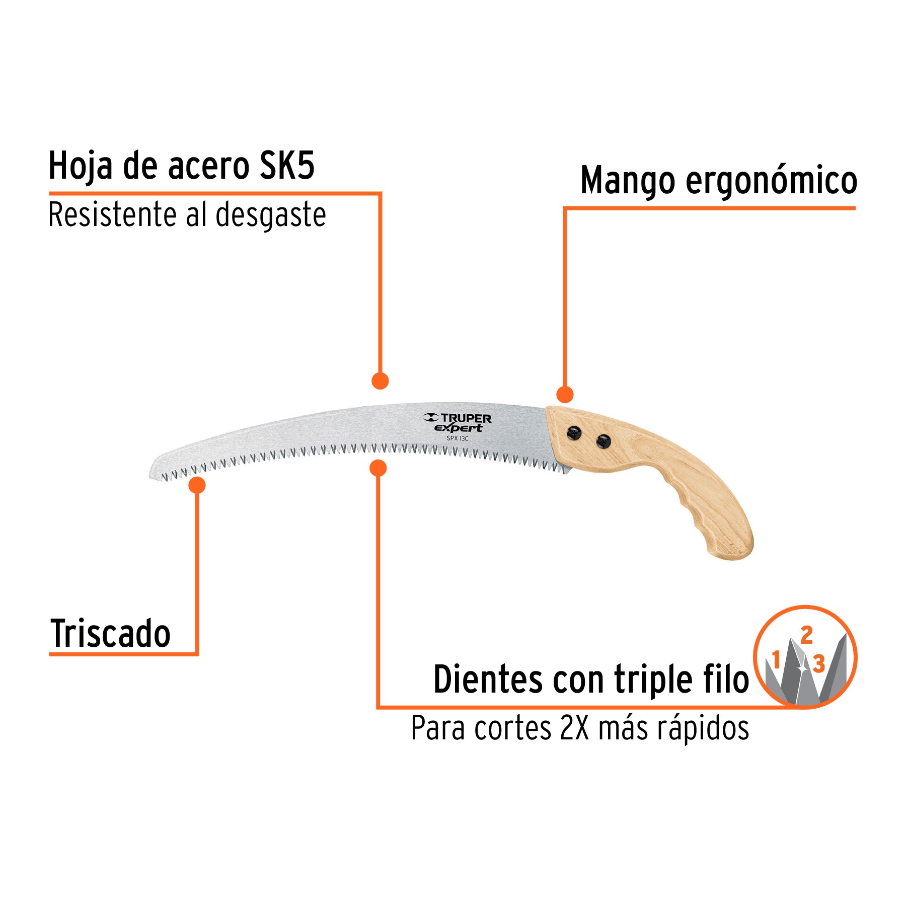 Serrucho de poda 13",hoja curva,7 DPP, mango madera, EXPERT