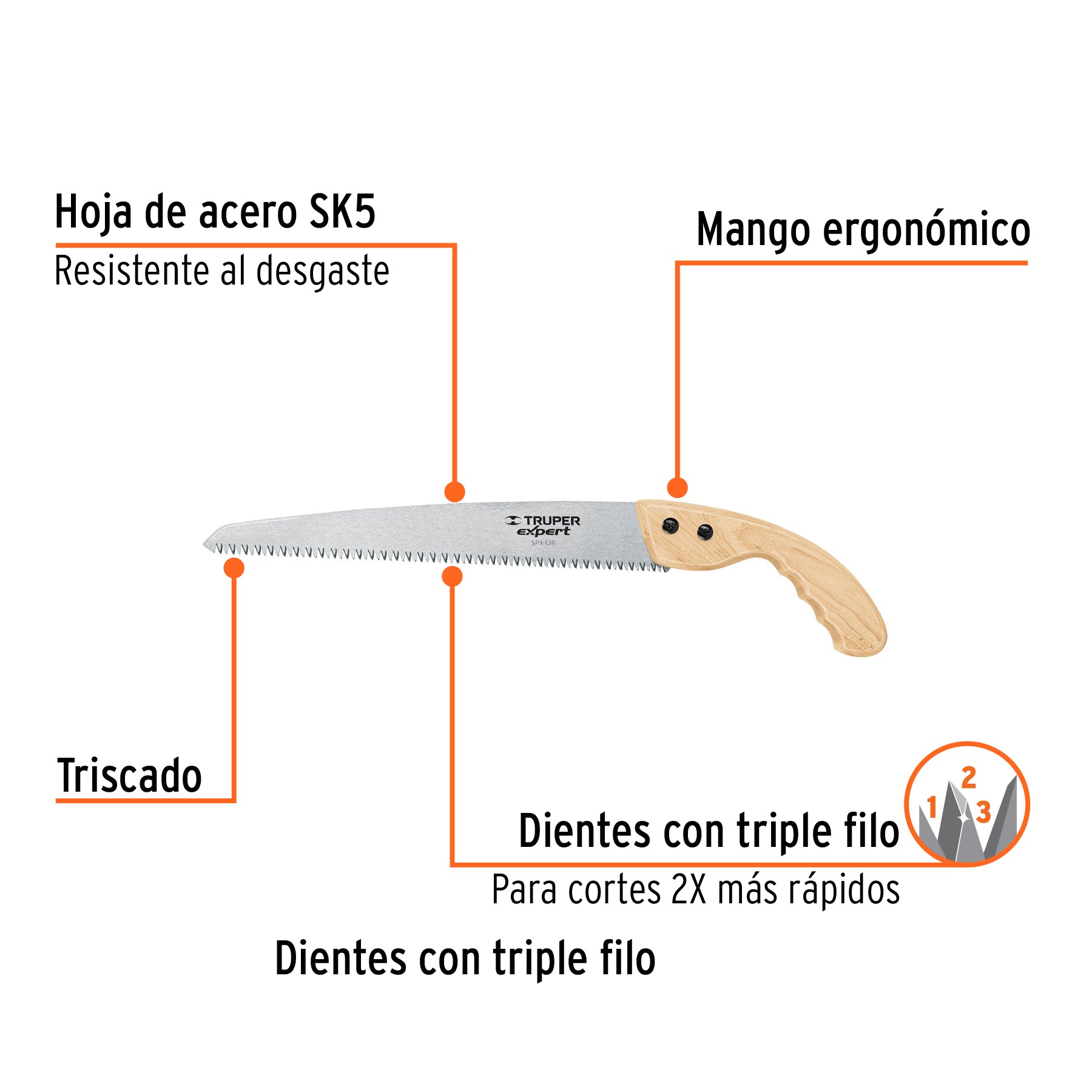 Serrucho de poda 13",hoja recta,7 DPP, mango madera, EXPERT