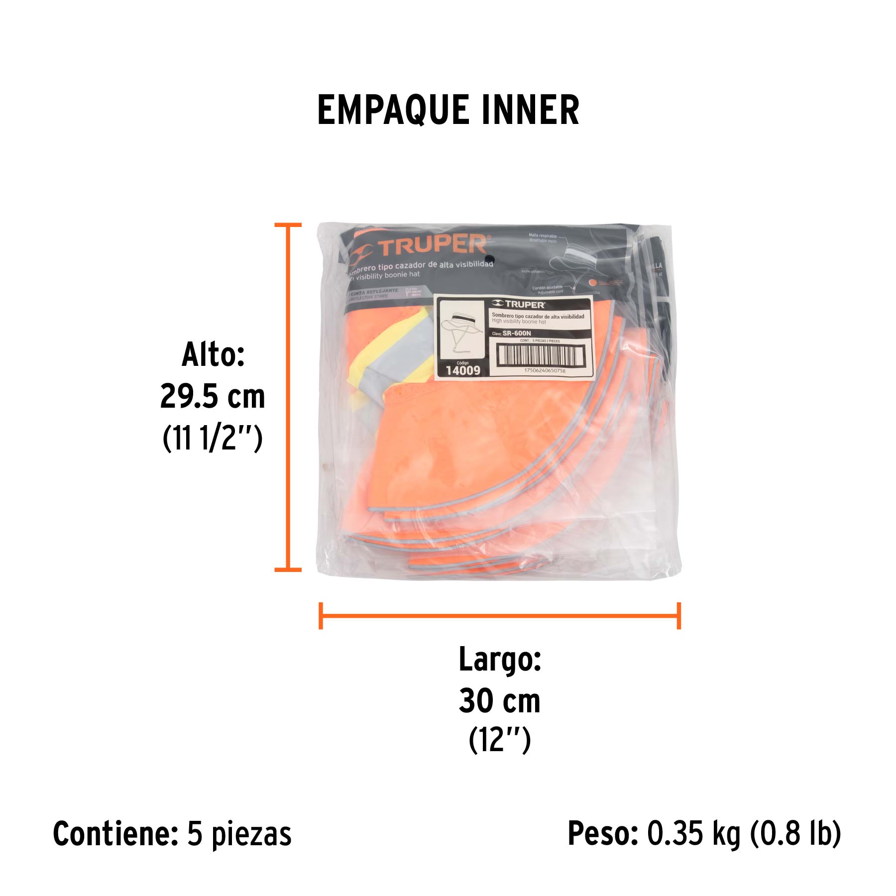 Sombrero tipo cazador naranja, alta visibilidad, TRUPER - Empaque