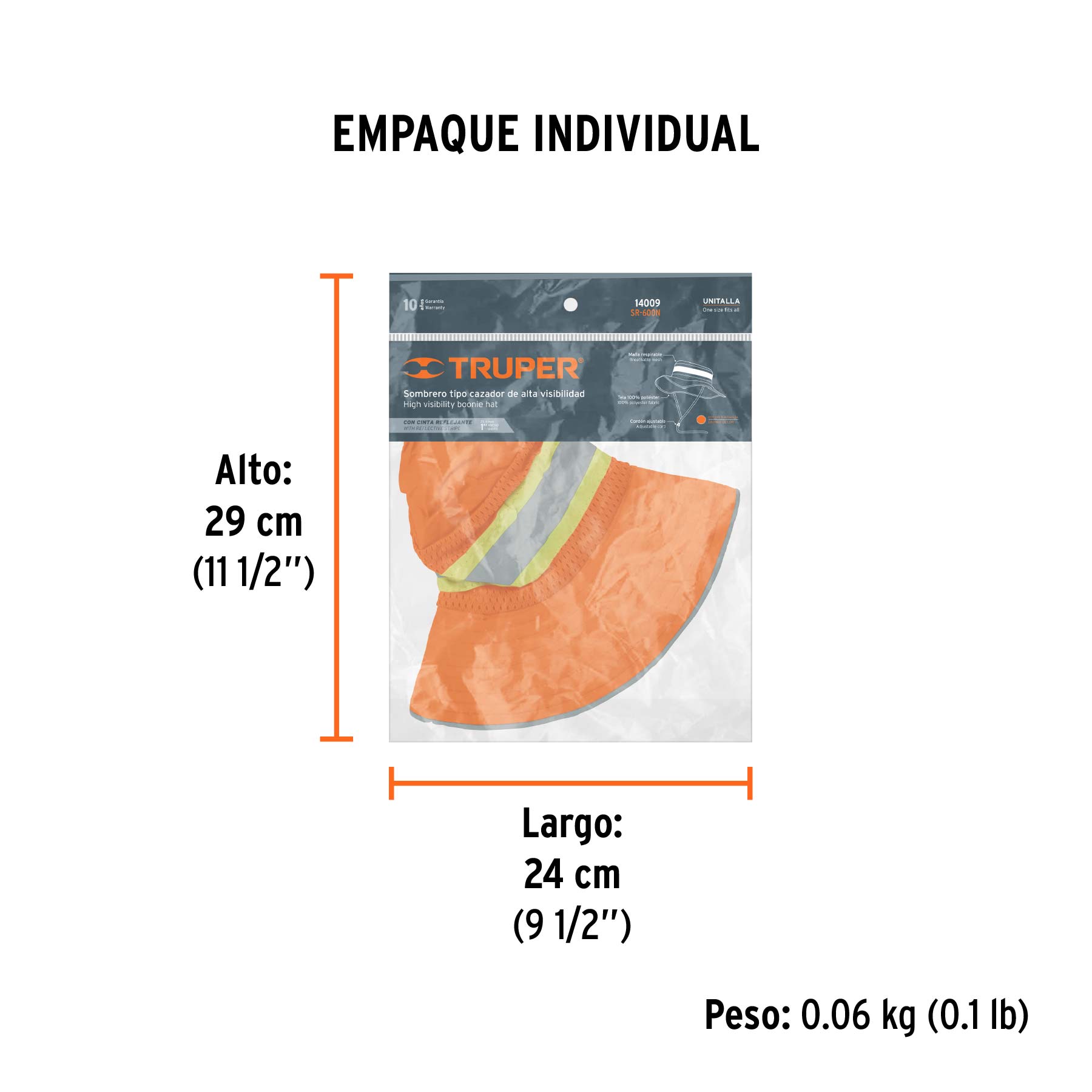 Sombrero tipo cazador naranja, alta visibilidad, TRUPER - Empaque