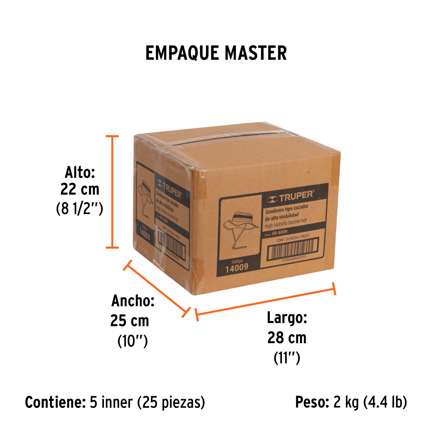 Sombrero tipo cazador naranja, alta visibilidad, TRUPER - Empaque