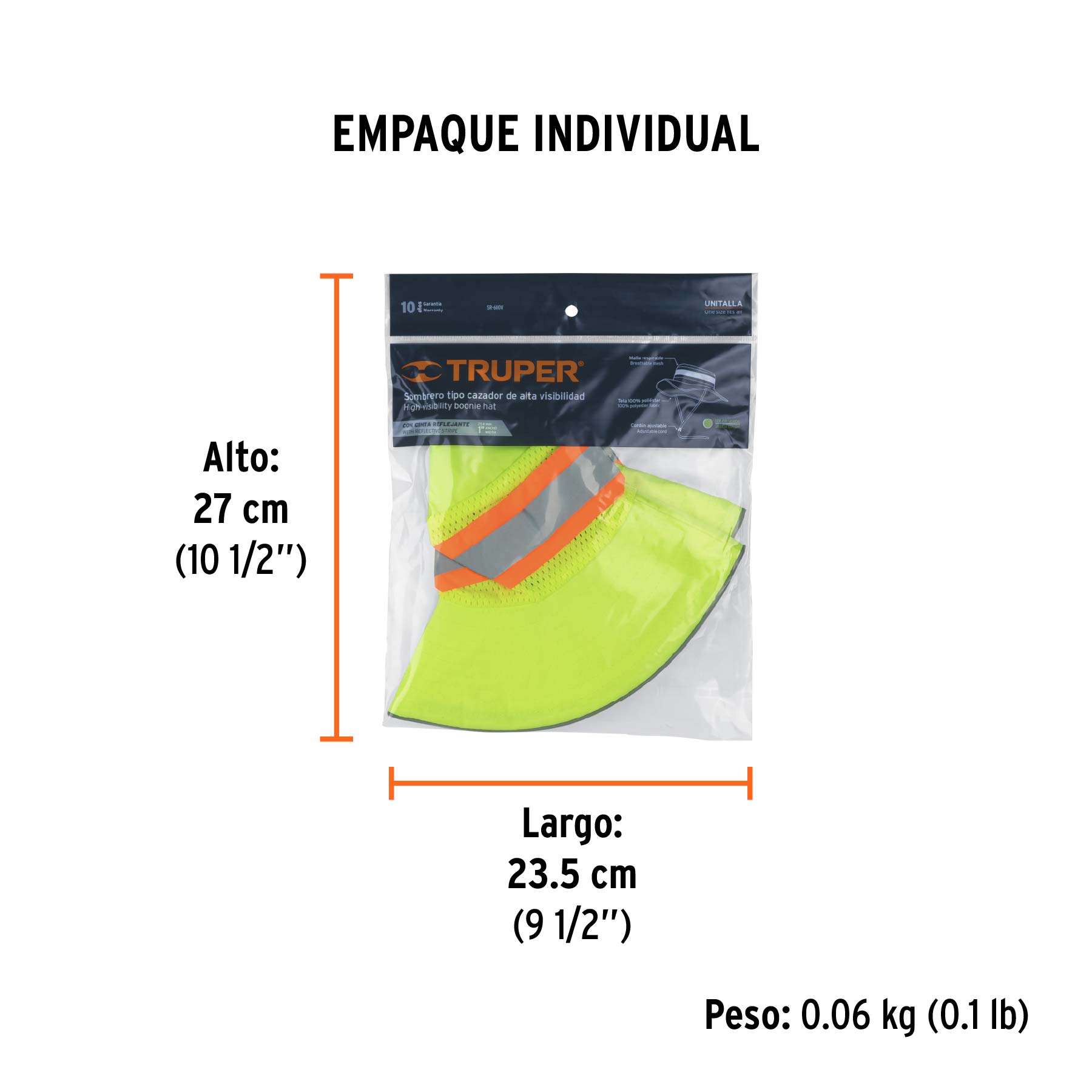Sombrero tipo cazador verde, alta visibilidad, TRUPER - Empaque