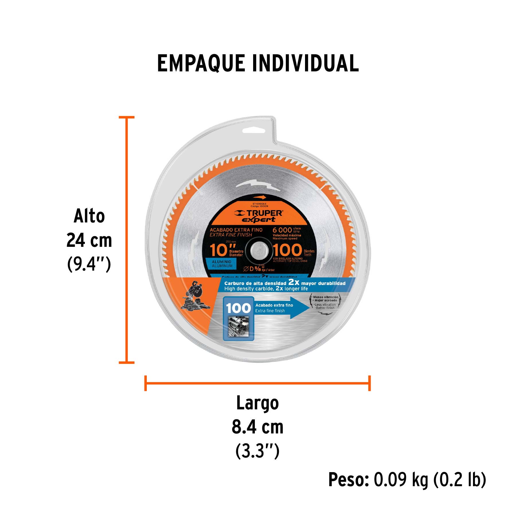 Disco sierra 10" p/aluminio, 100 dientes centro 5/8", EXPERT - Empaque