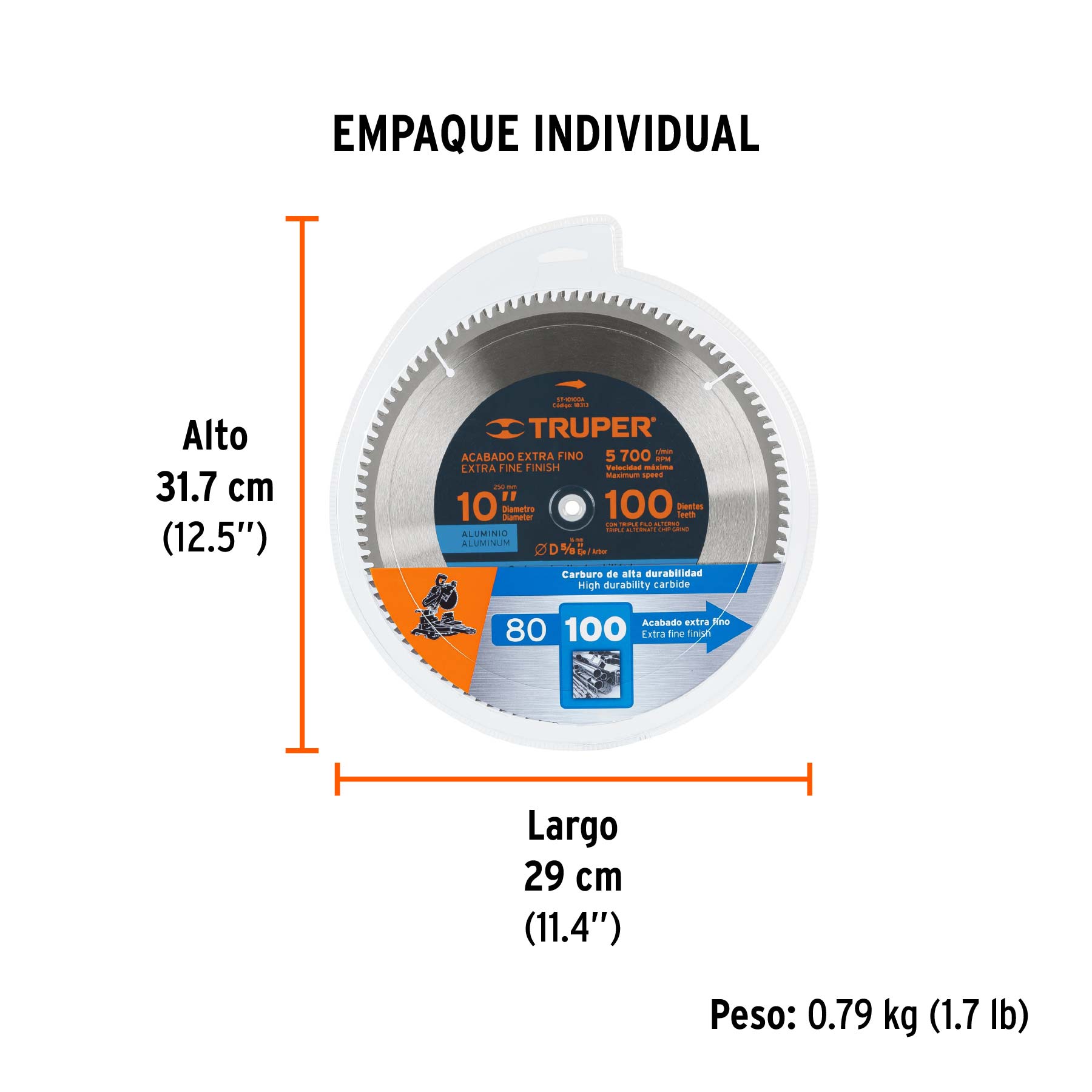 Disco sierra 10" para aluminio, 100 dientes centro 5/8" - Empaque