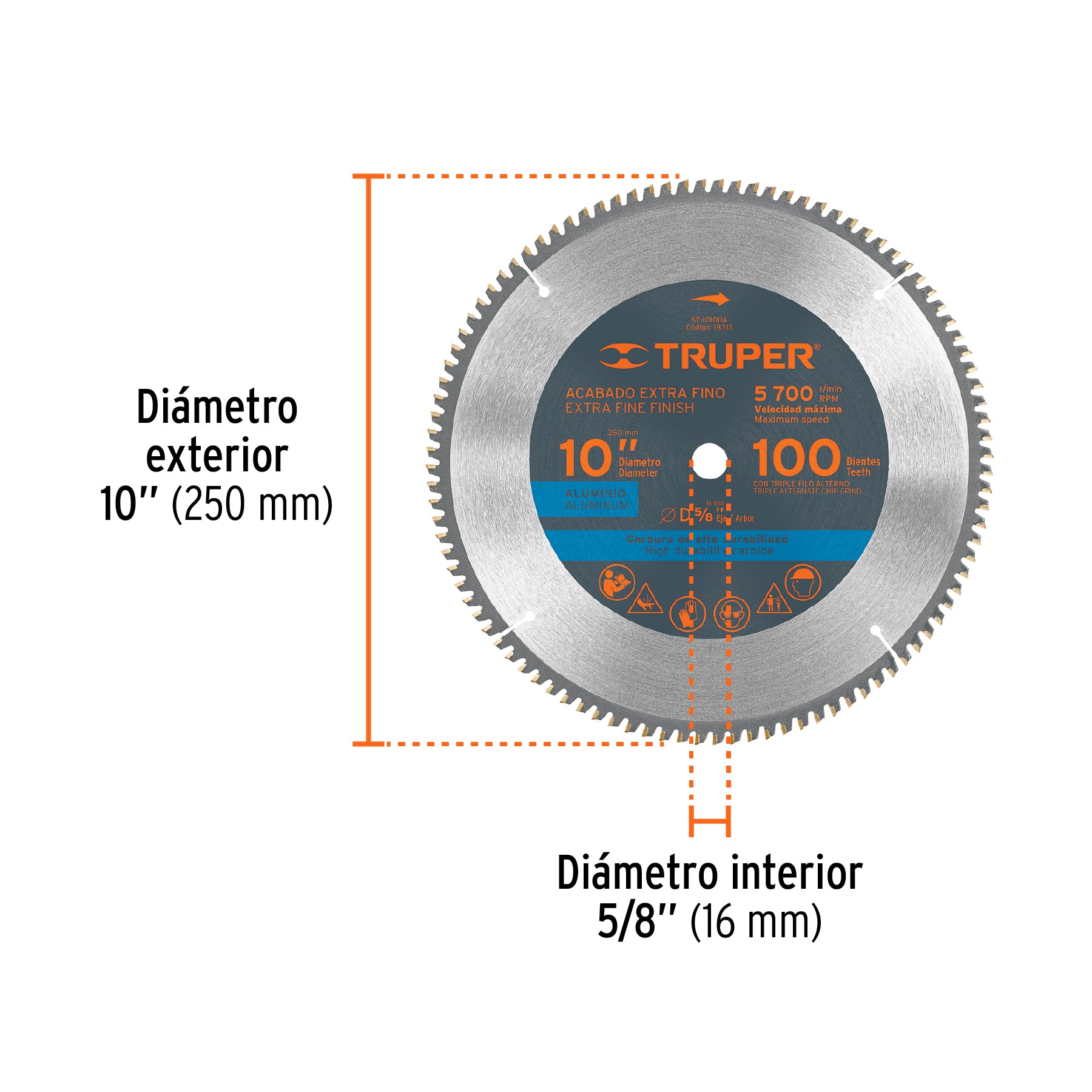 Disco sierra 10" para aluminio, 100 dientes centro 5/8"