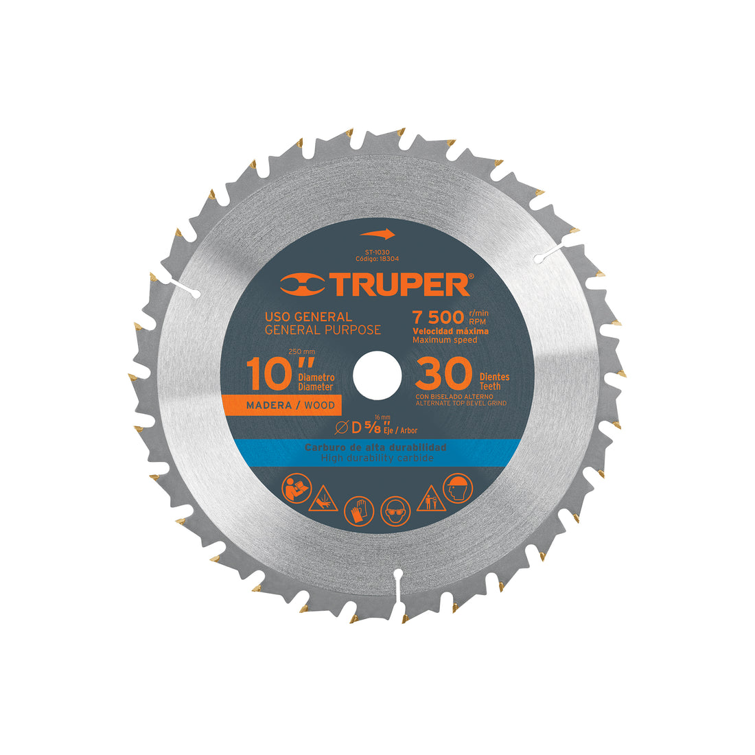 Disco sierra 10" para madera, 30 dientes centro 5/8", TRUPER