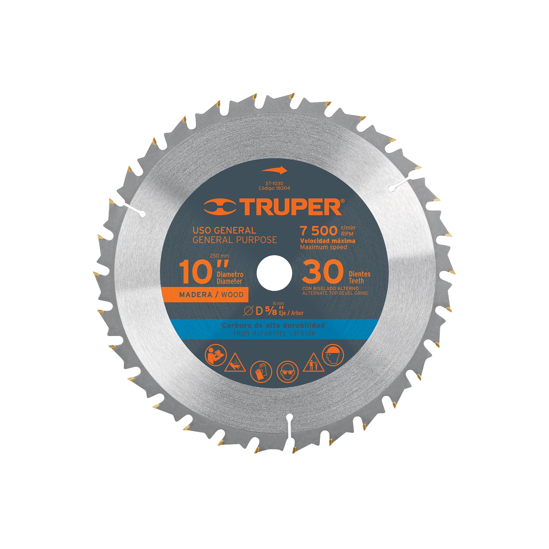 Disco sierra 10" para madera, 30 dientes centro 5/8", TRUPER