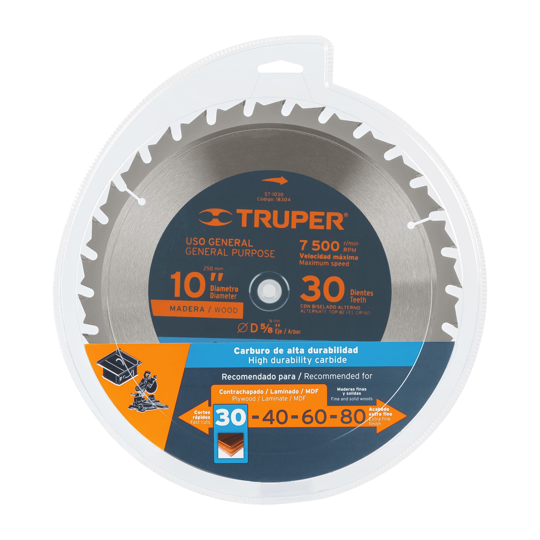 Disco sierra 10" para madera, 30 dientes centro 5/8", TRUPER