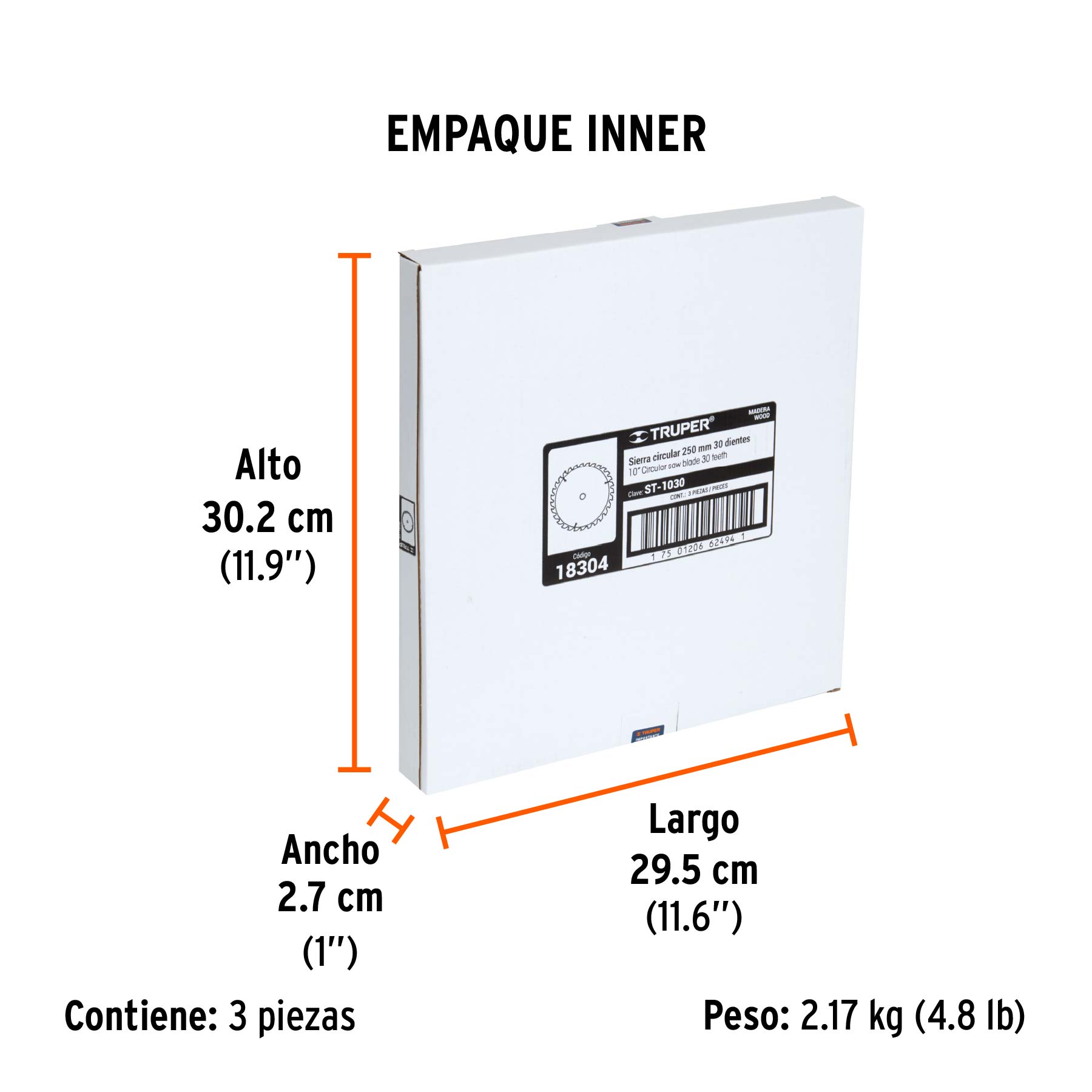 Disco sierra 10" para madera, 30 dientes centro 5/8", TRUPER - Empaque