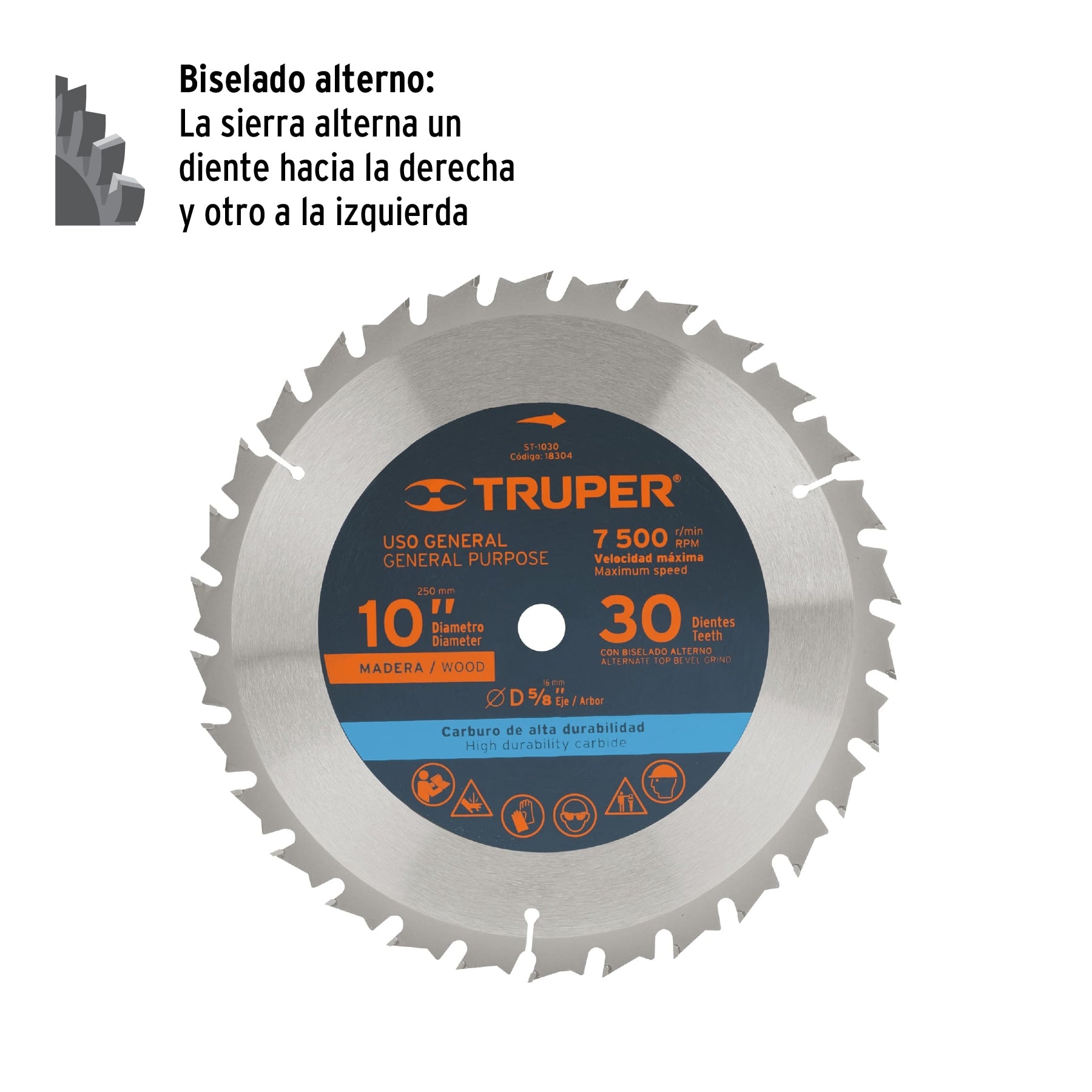 Disco sierra 10" para madera, 30 dientes centro 5/8", TRUPER
