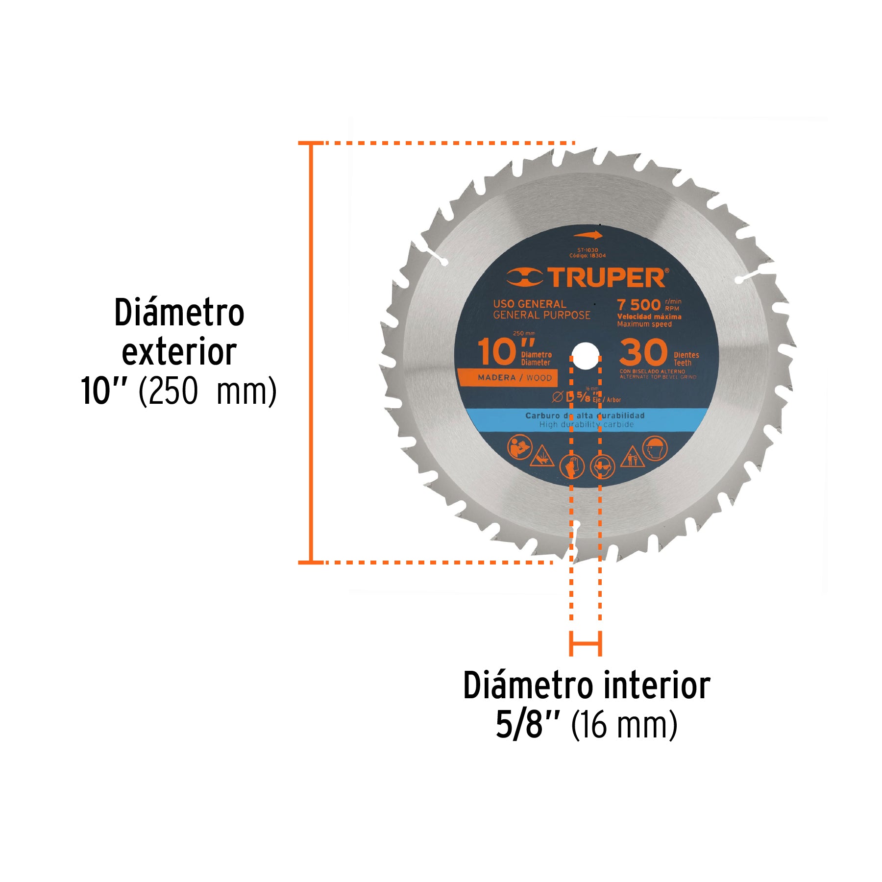 Disco sierra 10" para madera, 30 dientes centro 5/8", TRUPER