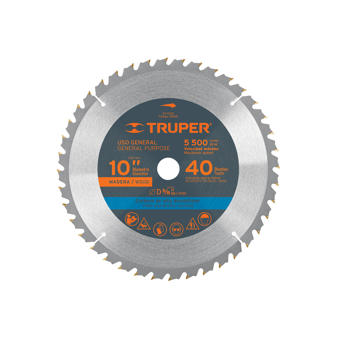 Disco sierra 10" para madera, 40 dientes centro 5/8", TRUPER