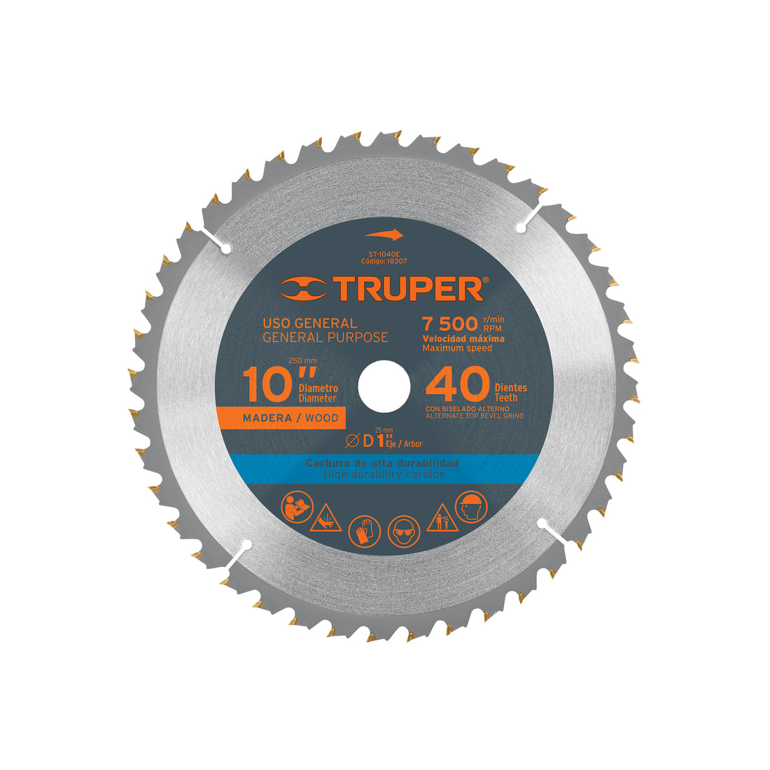 Disco sierra 10" para madera, 40 dientes centro 1", TRUPER