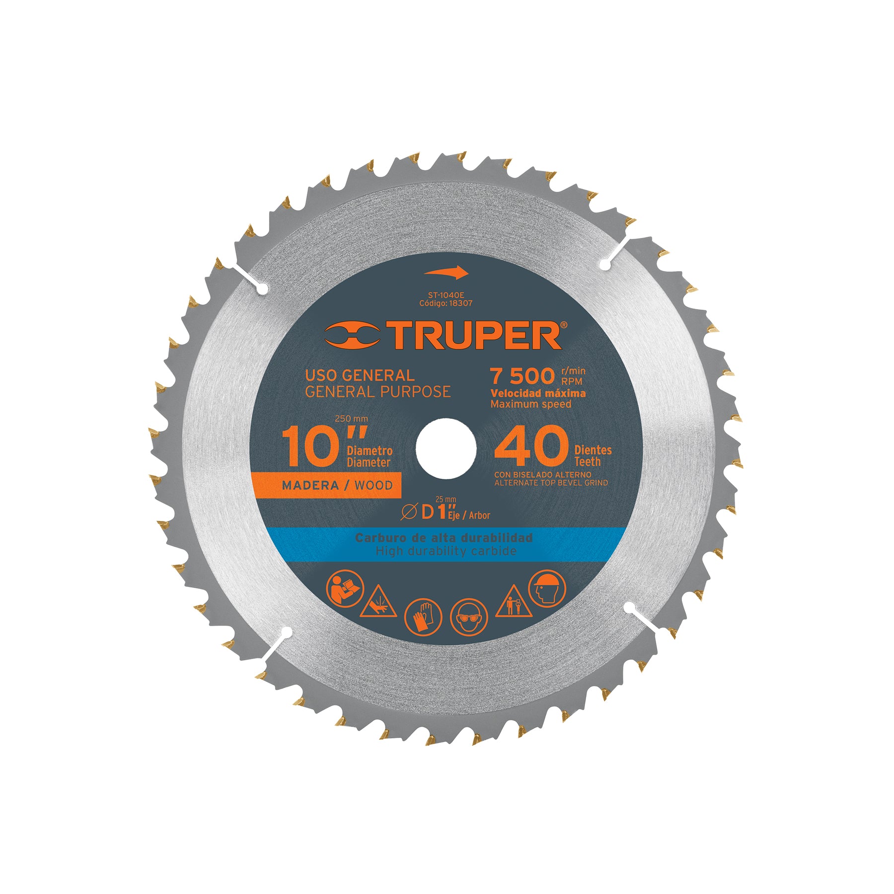 Disco sierra 10" para madera, 40 dientes centro 1", TRUPER