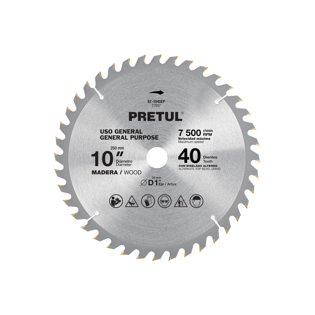 Disco sierra 10" para madera, 40 dientes centro 1", PRETUL