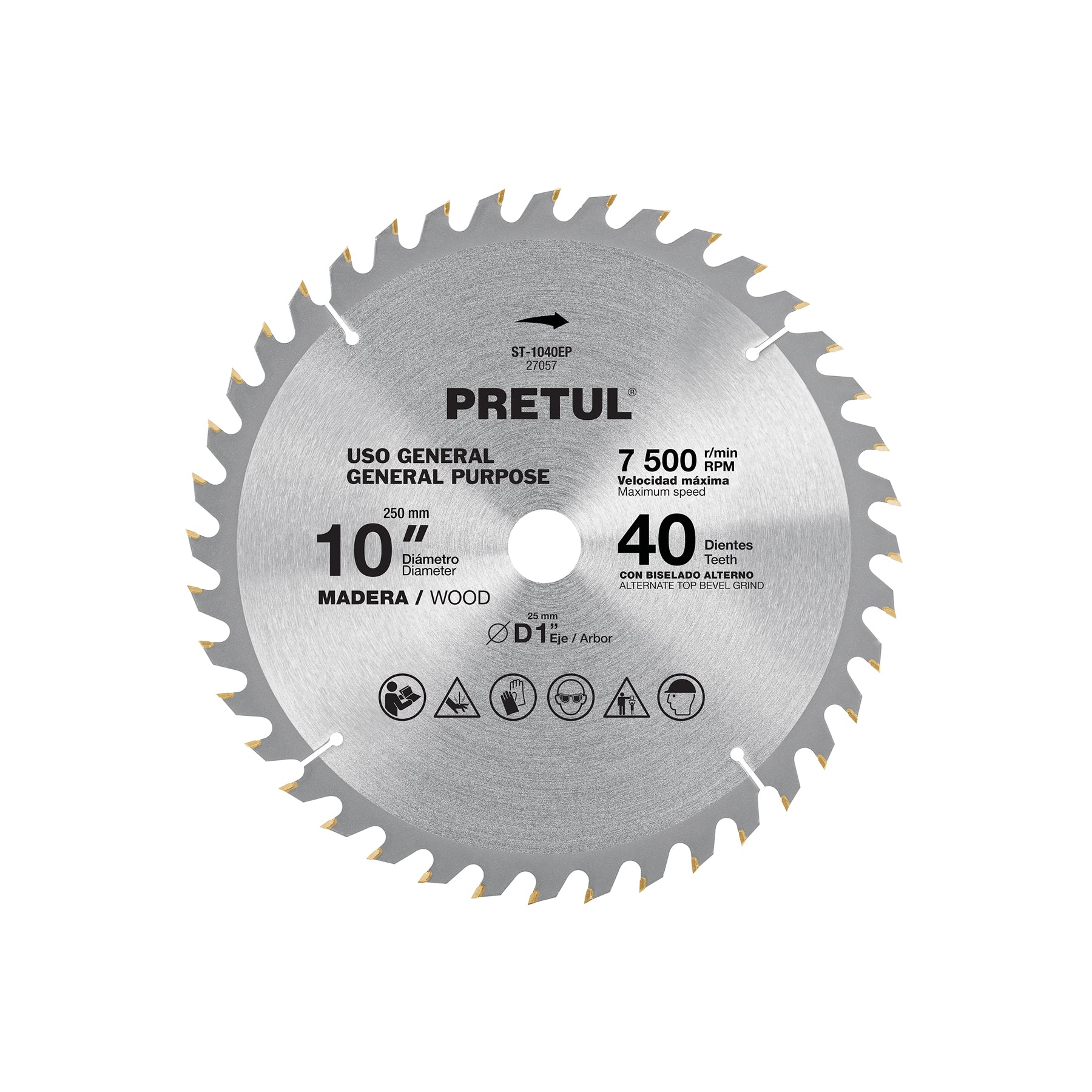 Disco sierra 10" para madera, 40 dientes centro 1", PRETUL