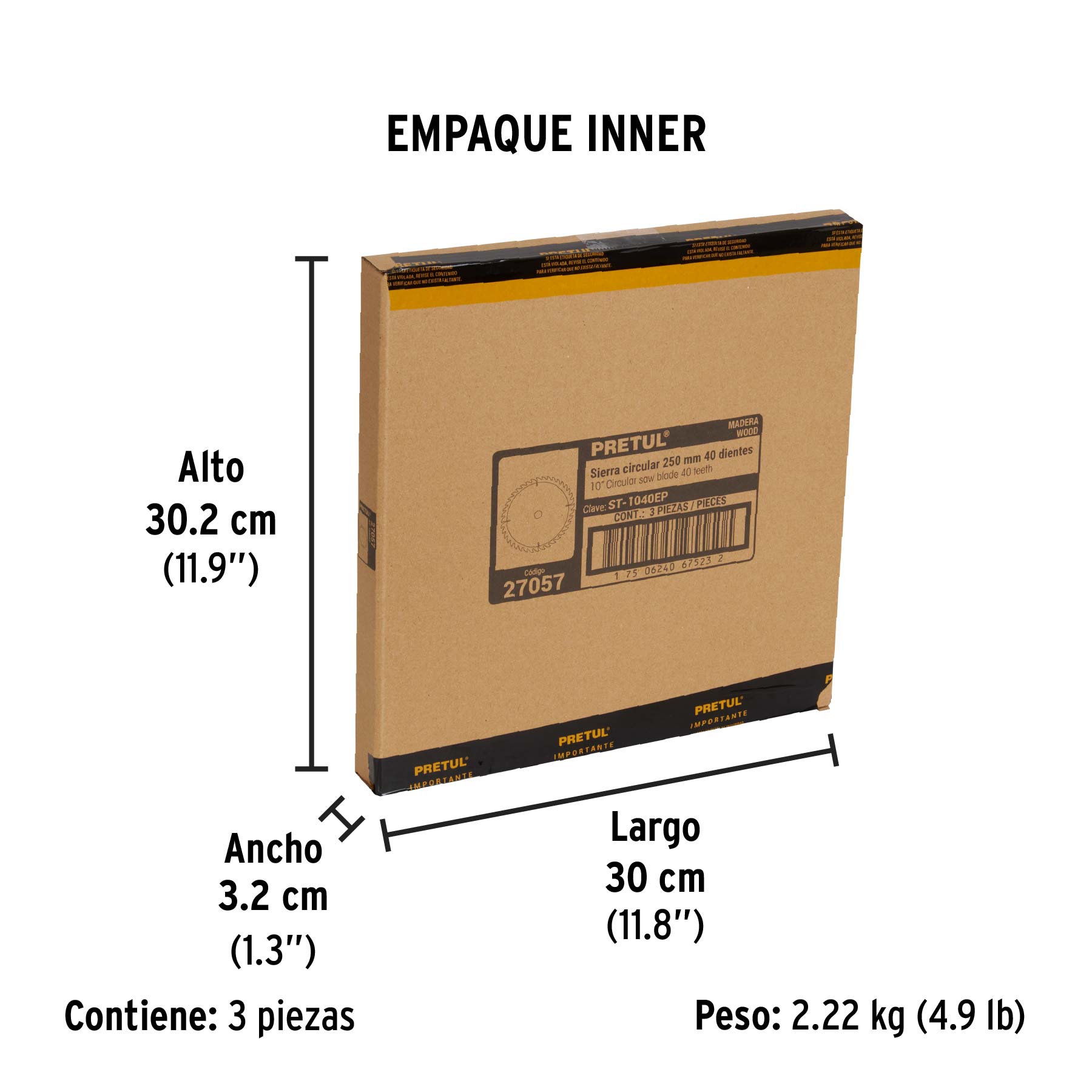 Disco sierra 10" para madera, 40 dientes centro 1", PRETUL - Empaque