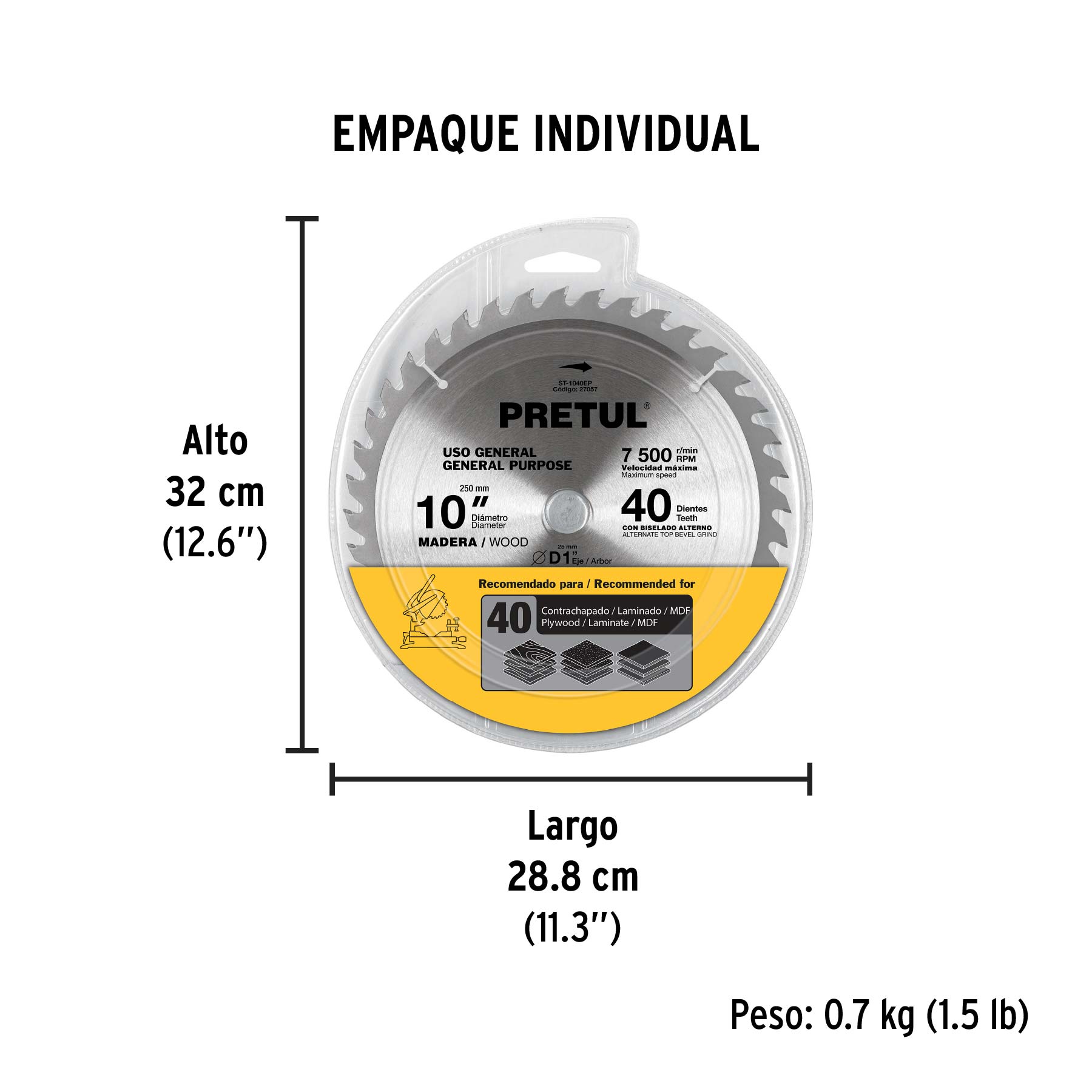 Disco sierra 10" para madera, 40 dientes centro 1", PRETUL - Empaque