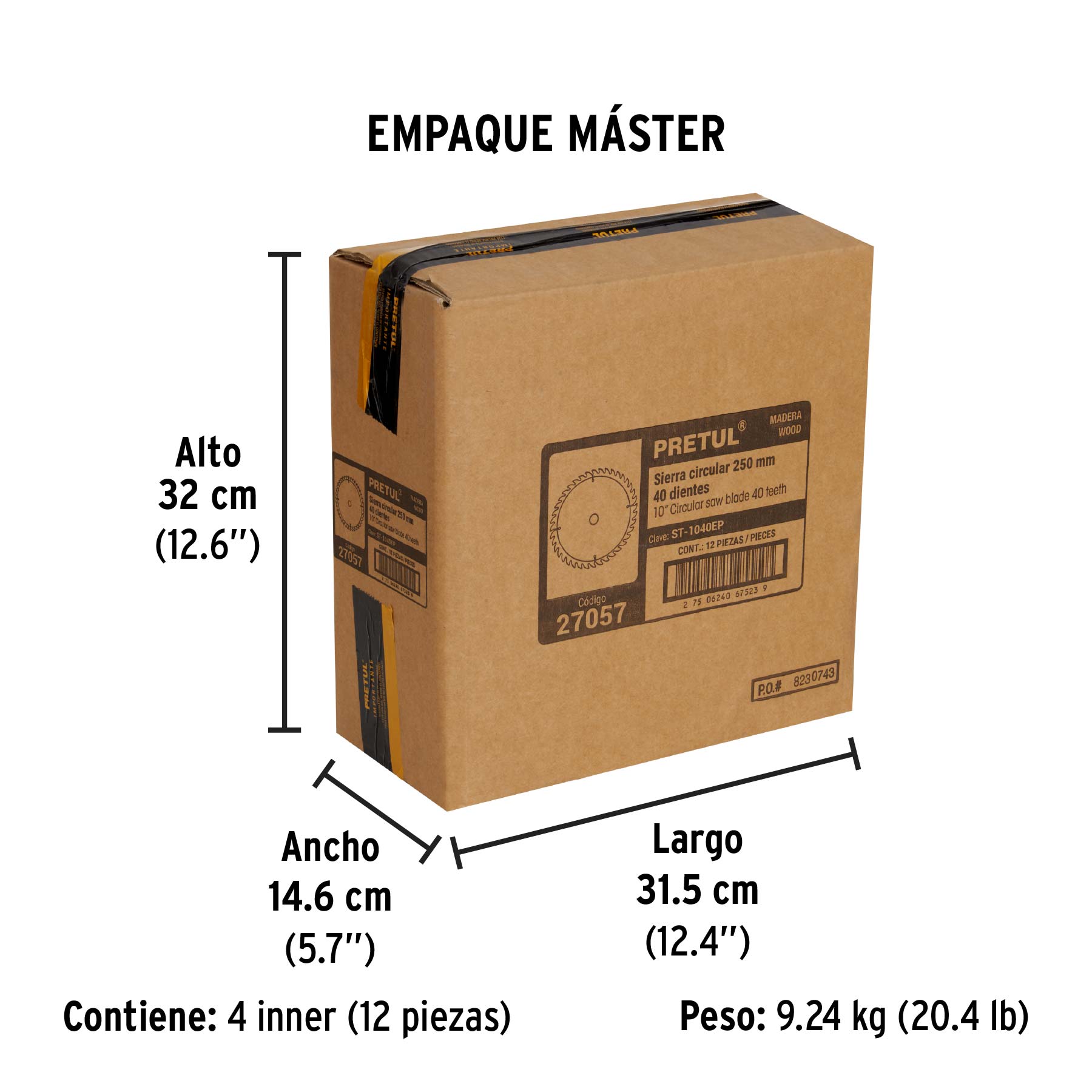 Disco sierra 10" para madera, 40 dientes centro 1", PRETUL - Empaque