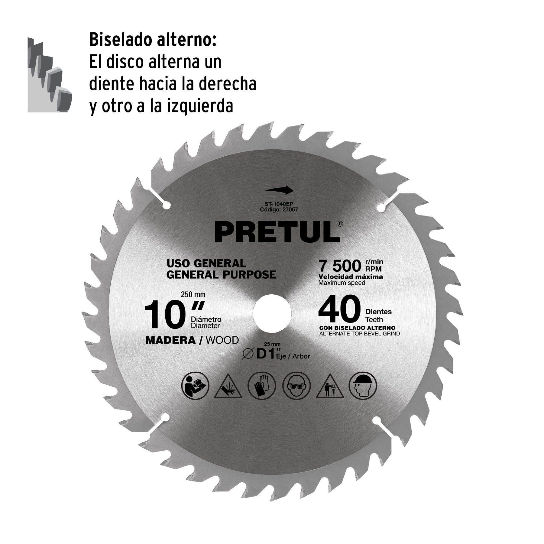 Disco sierra 10" para madera, 40 dientes centro 1", PRETUL