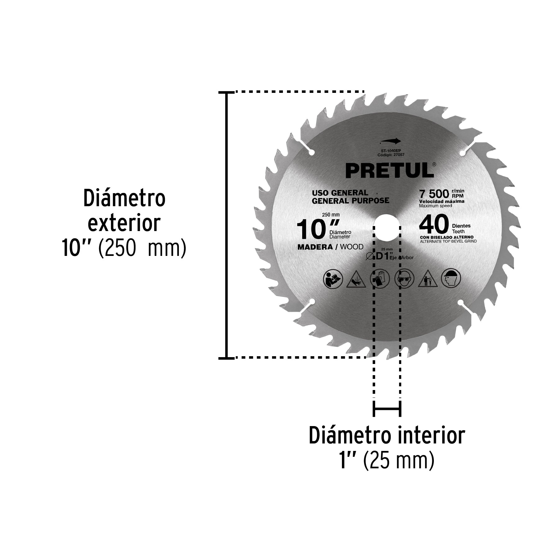 Disco sierra 10" para madera, 40 dientes centro 1", PRETUL