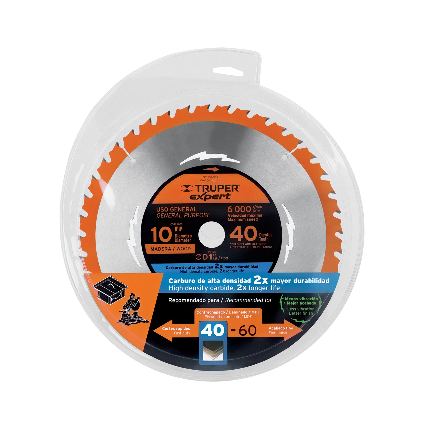 Disco sierra 10" para madera, 40 dientes centro 1", EXPERT