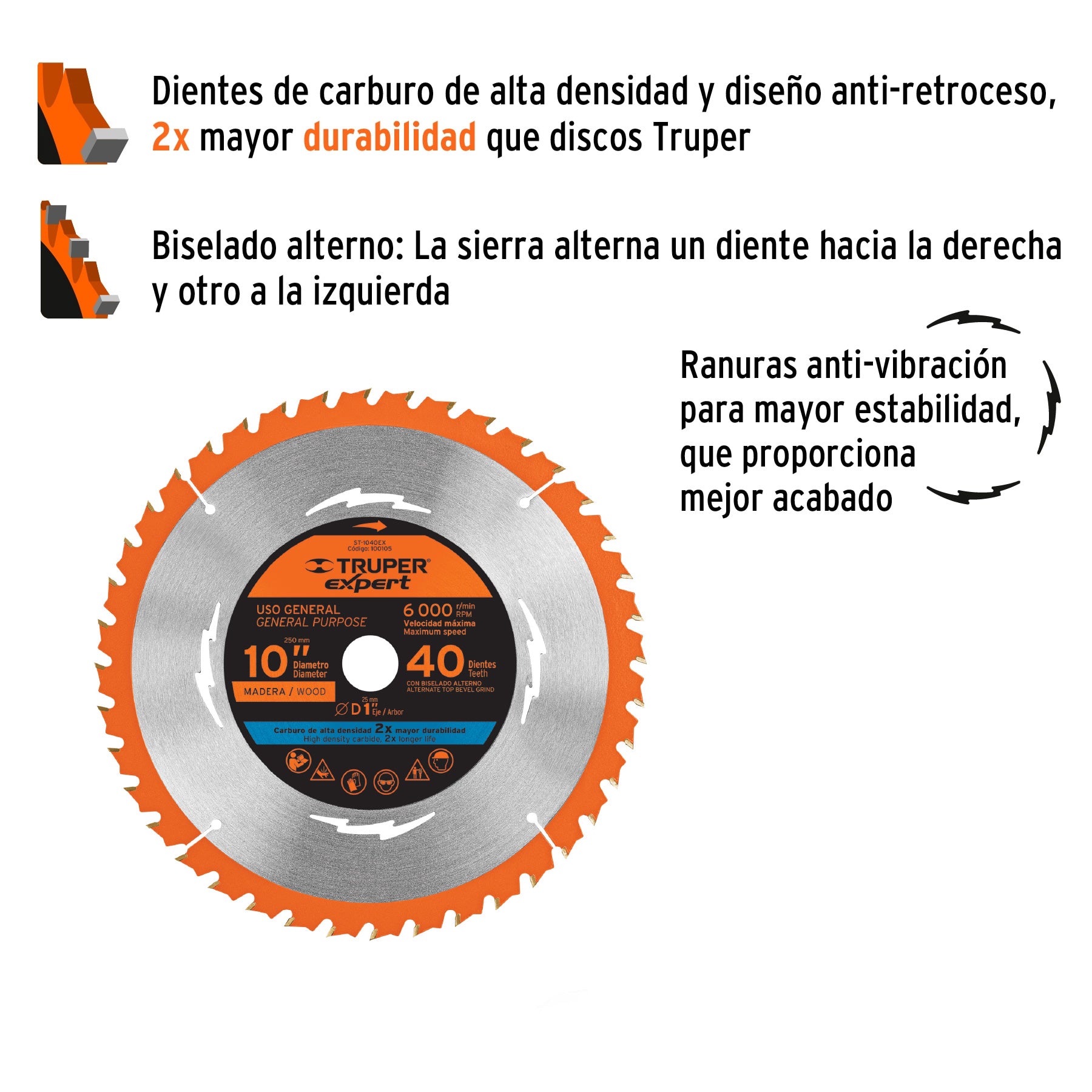 Disco sierra 10" para madera, 40 dientes centro 1", EXPERT