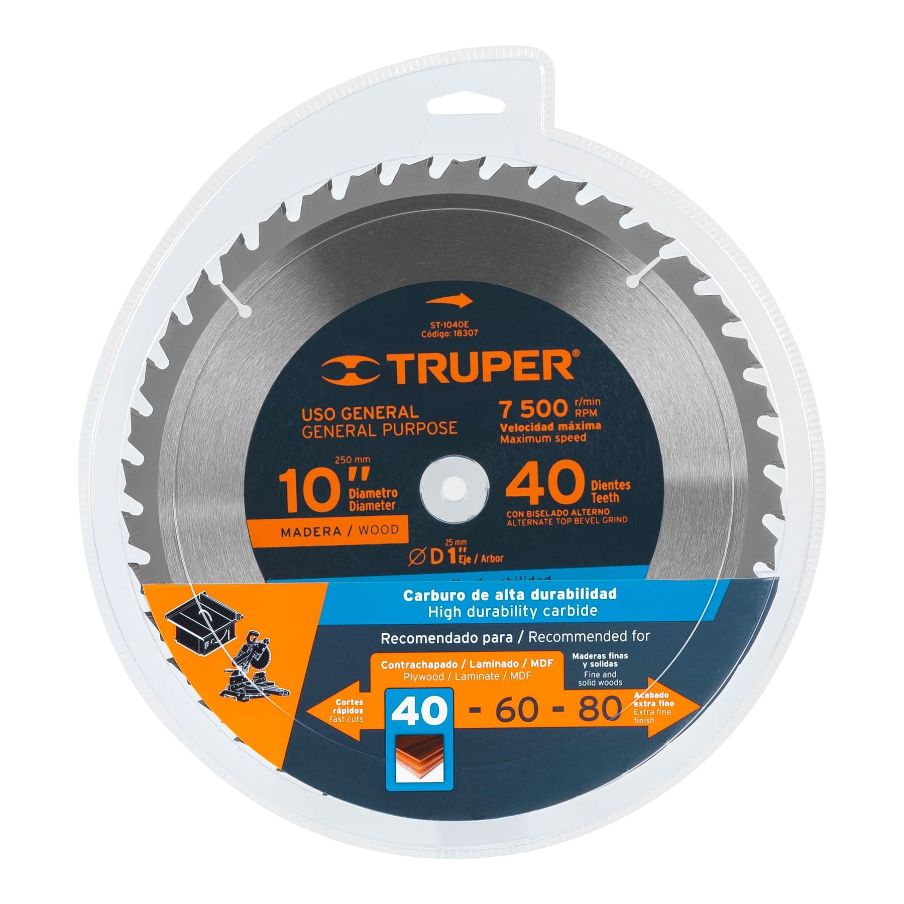 Disco sierra 10" para madera, 40 dientes centro 1", TRUPER