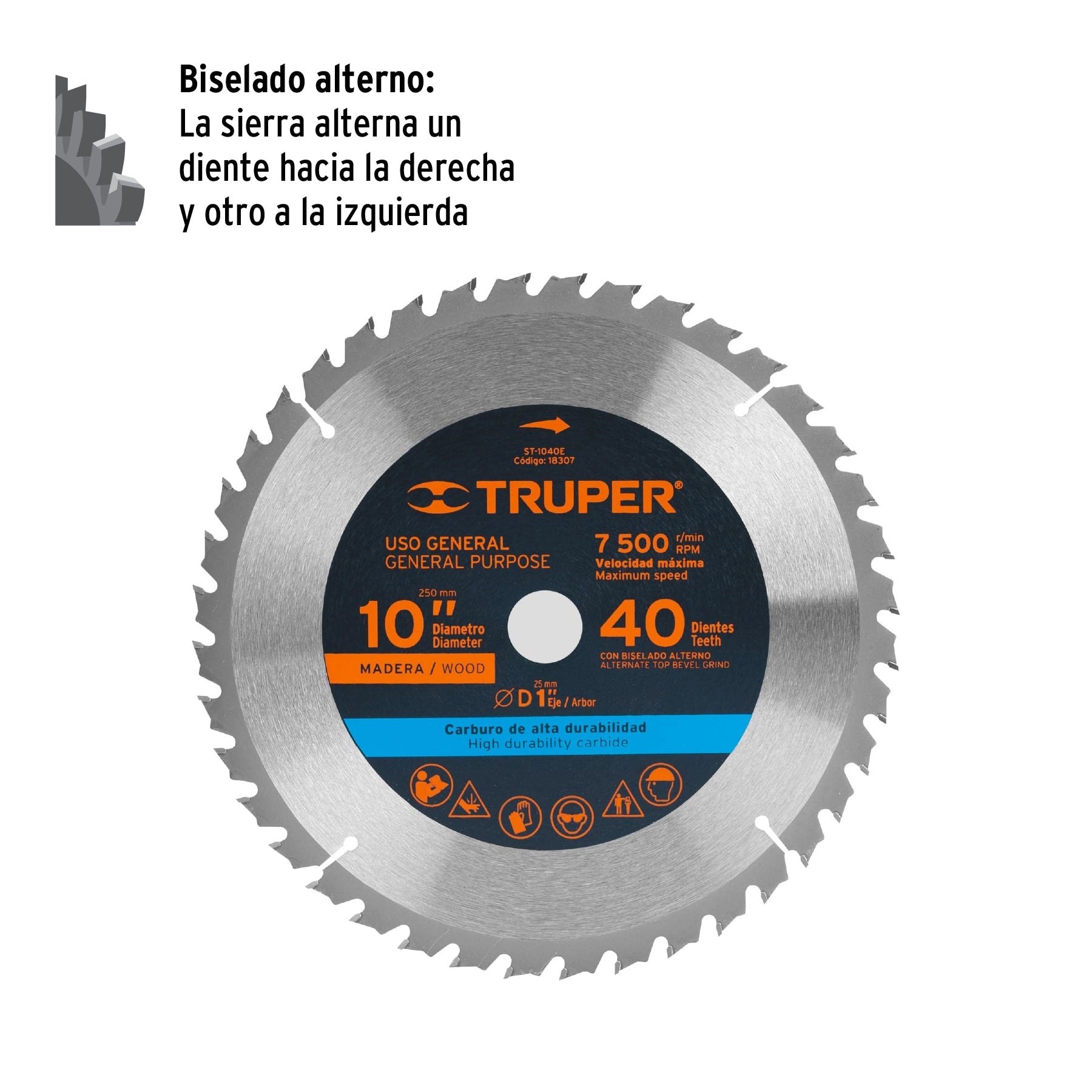 Disco sierra 10" para madera, 40 dientes centro 1", TRUPER