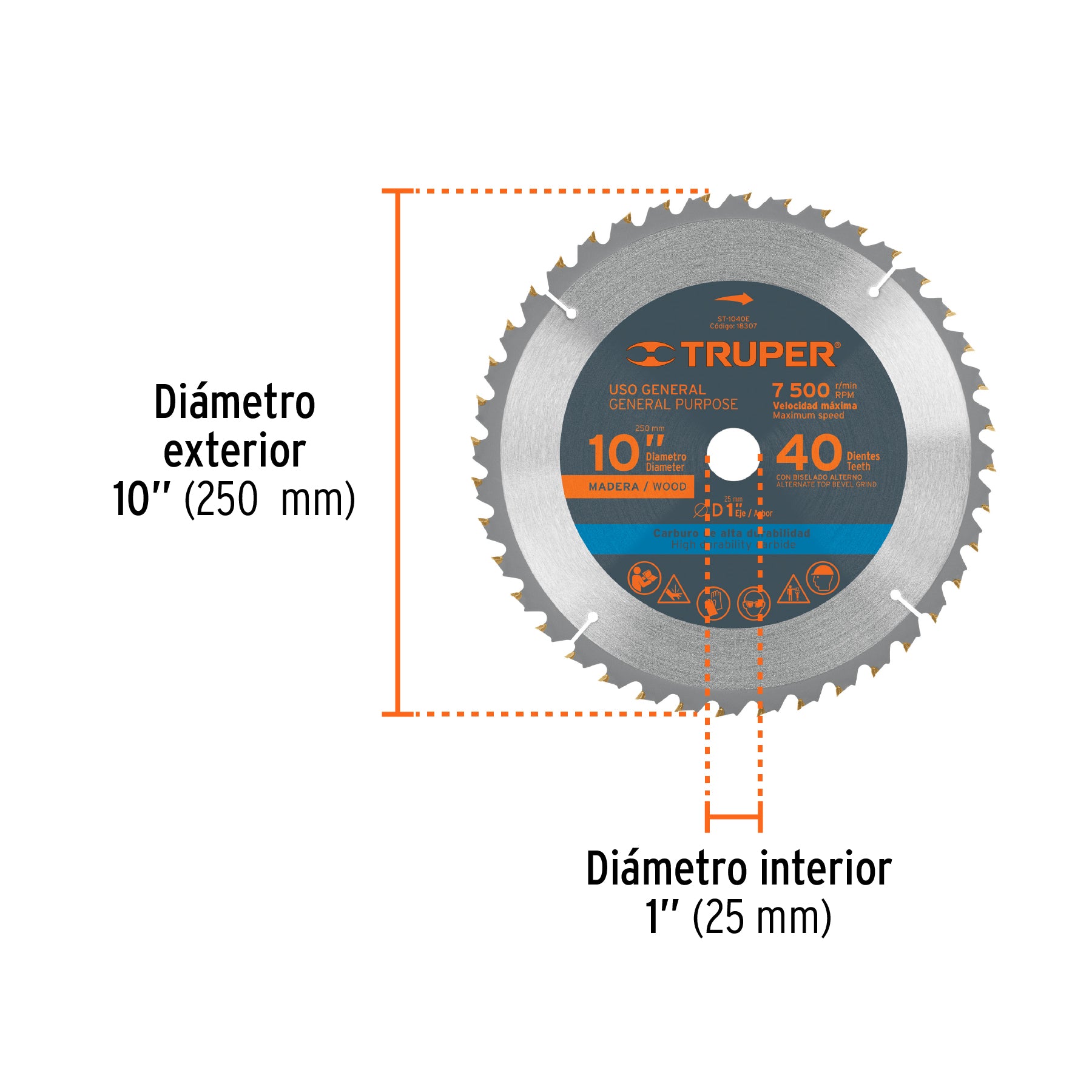 Disco sierra 10" para madera, 40 dientes centro 1", TRUPER