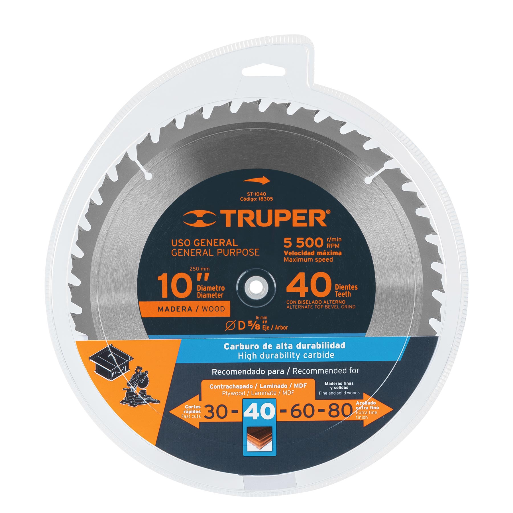 Disco sierra 10" para madera, 40 dientes centro 5/8", TRUPER
