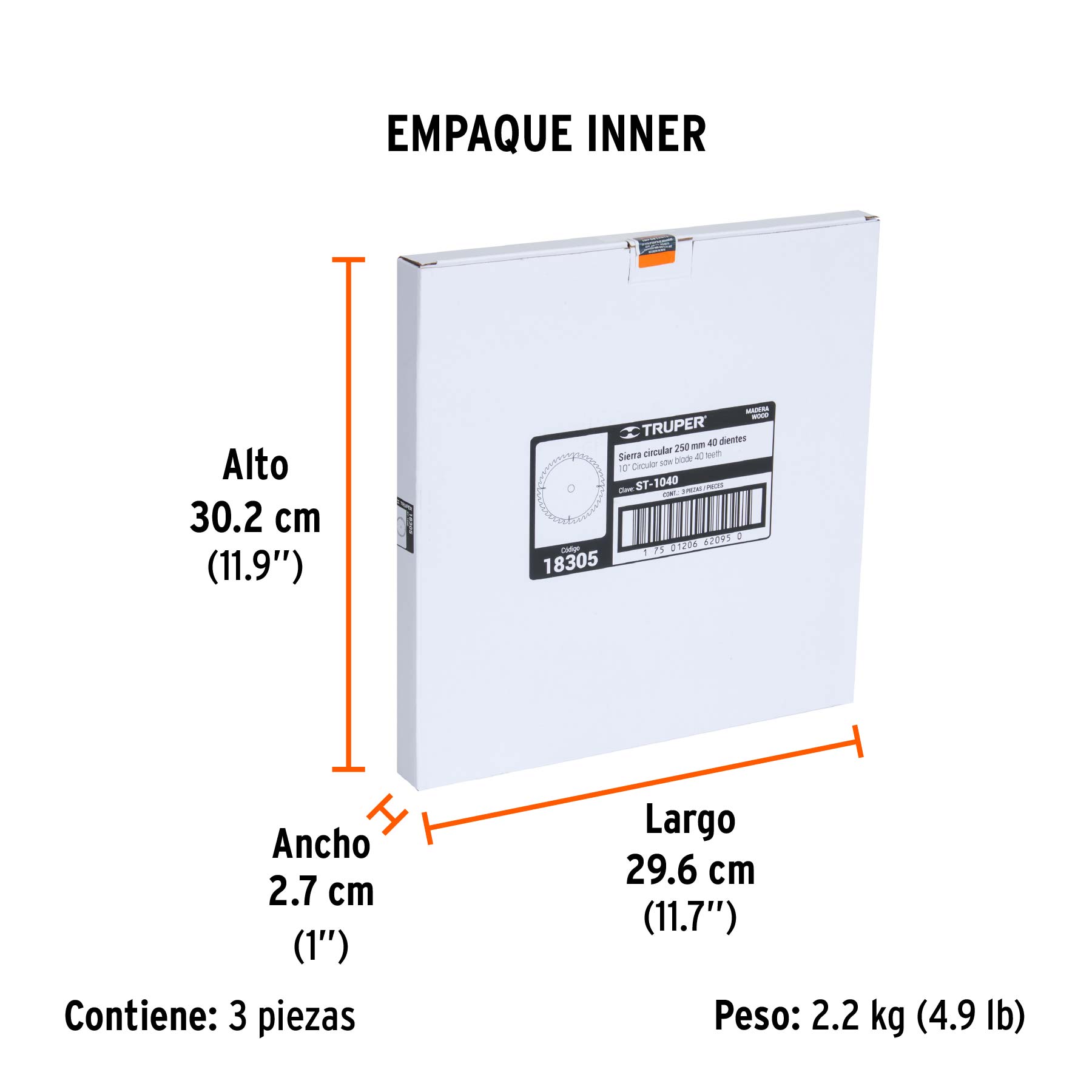 Disco sierra 10" para madera, 40 dientes centro 5/8", TRUPER - Empaque