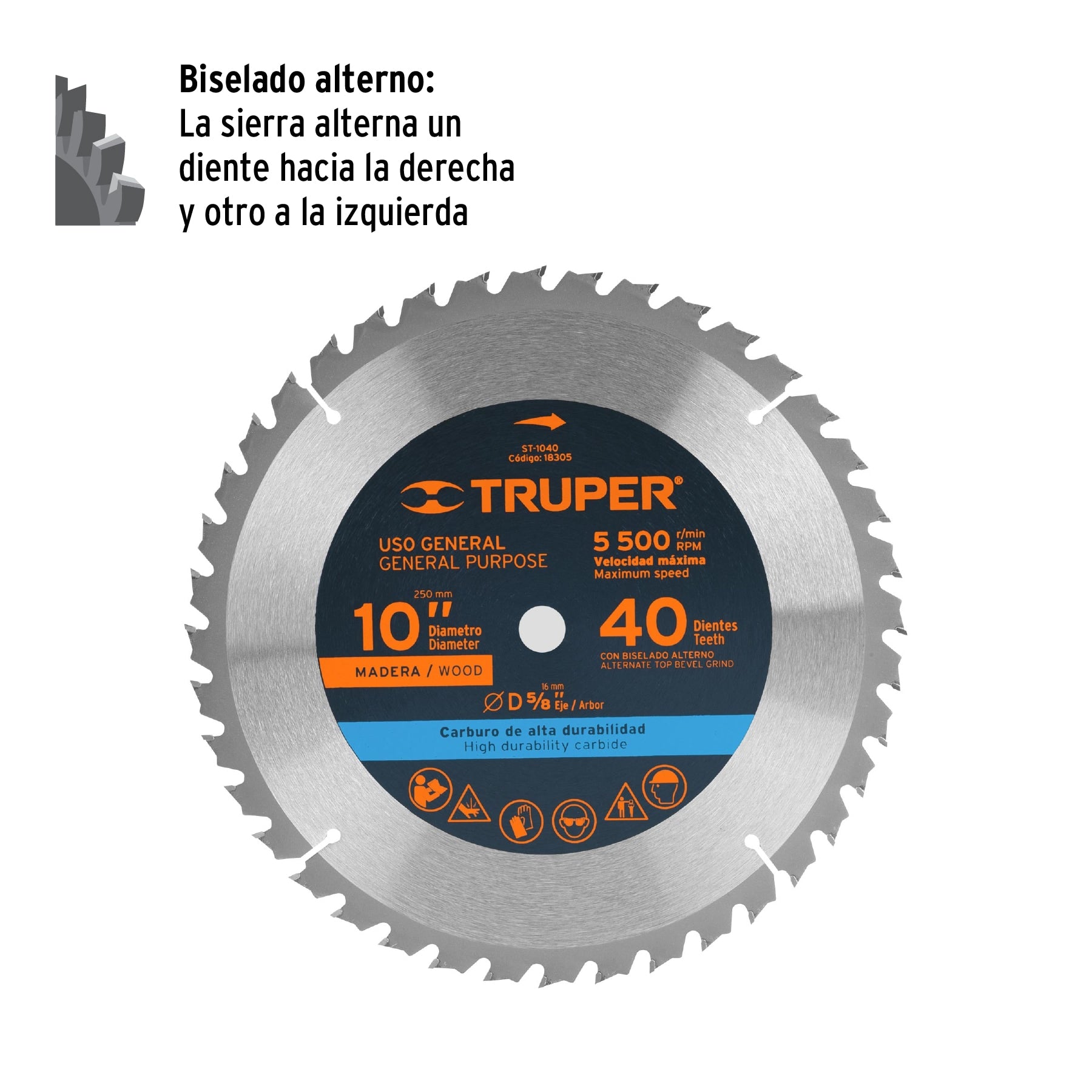 Disco sierra 10" para madera, 40 dientes centro 5/8", TRUPER