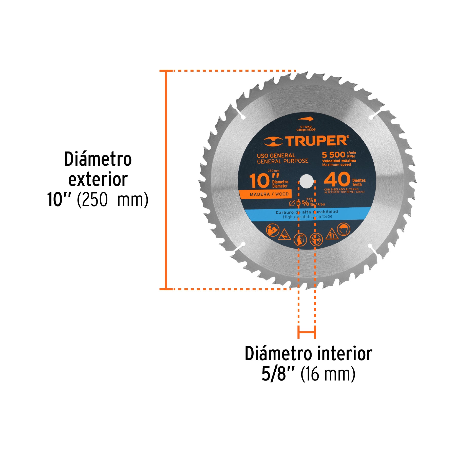 Disco sierra 10" para madera, 40 dientes centro 5/8", TRUPER