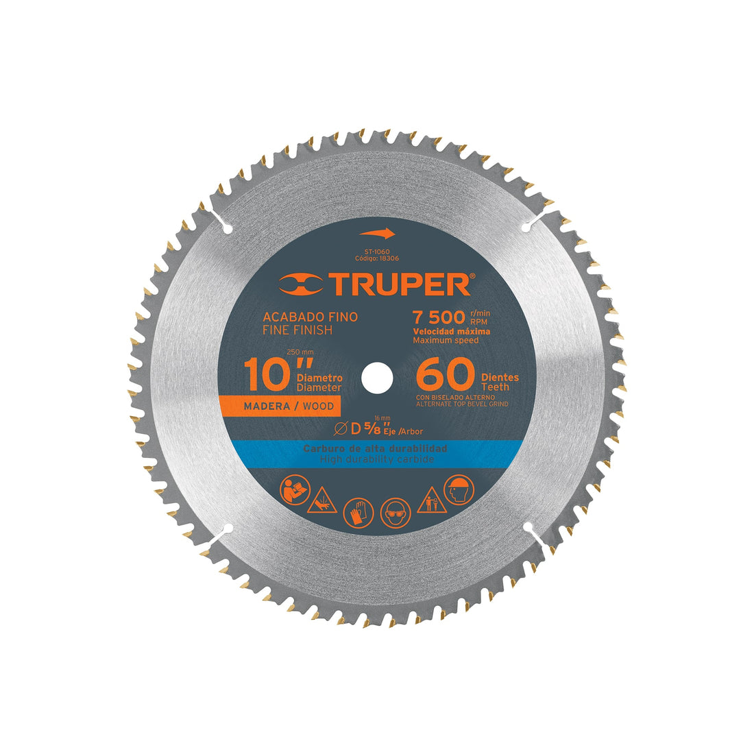 Disco sierra 10" para madera, 60 dientes centro 5/8", TRUPER