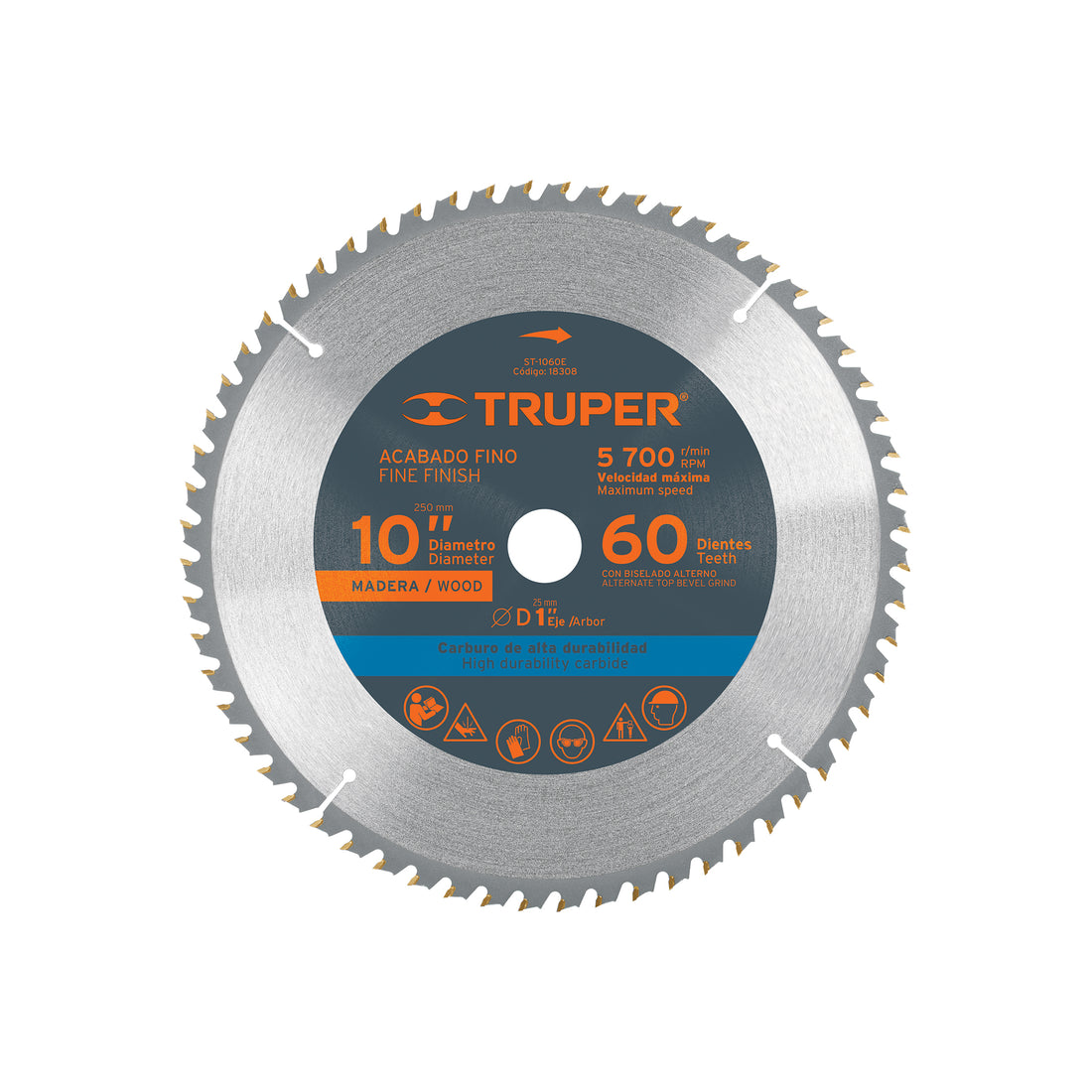 Disco sierra 10" para madera, 60 dientes centro 1", TRUPER