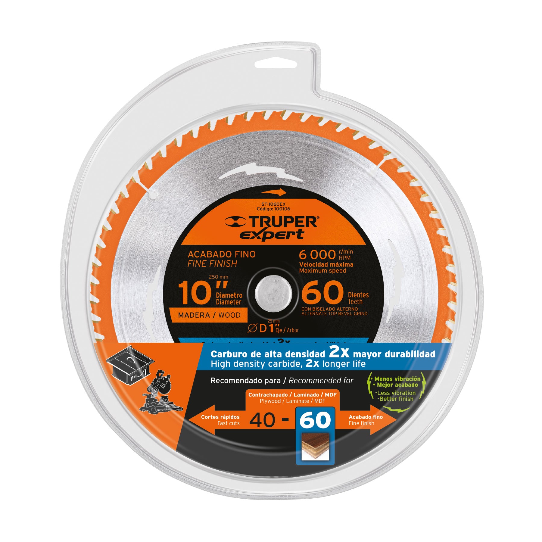 Disco sierra 10" para madera, 60 dientes centro 1", EXPERT