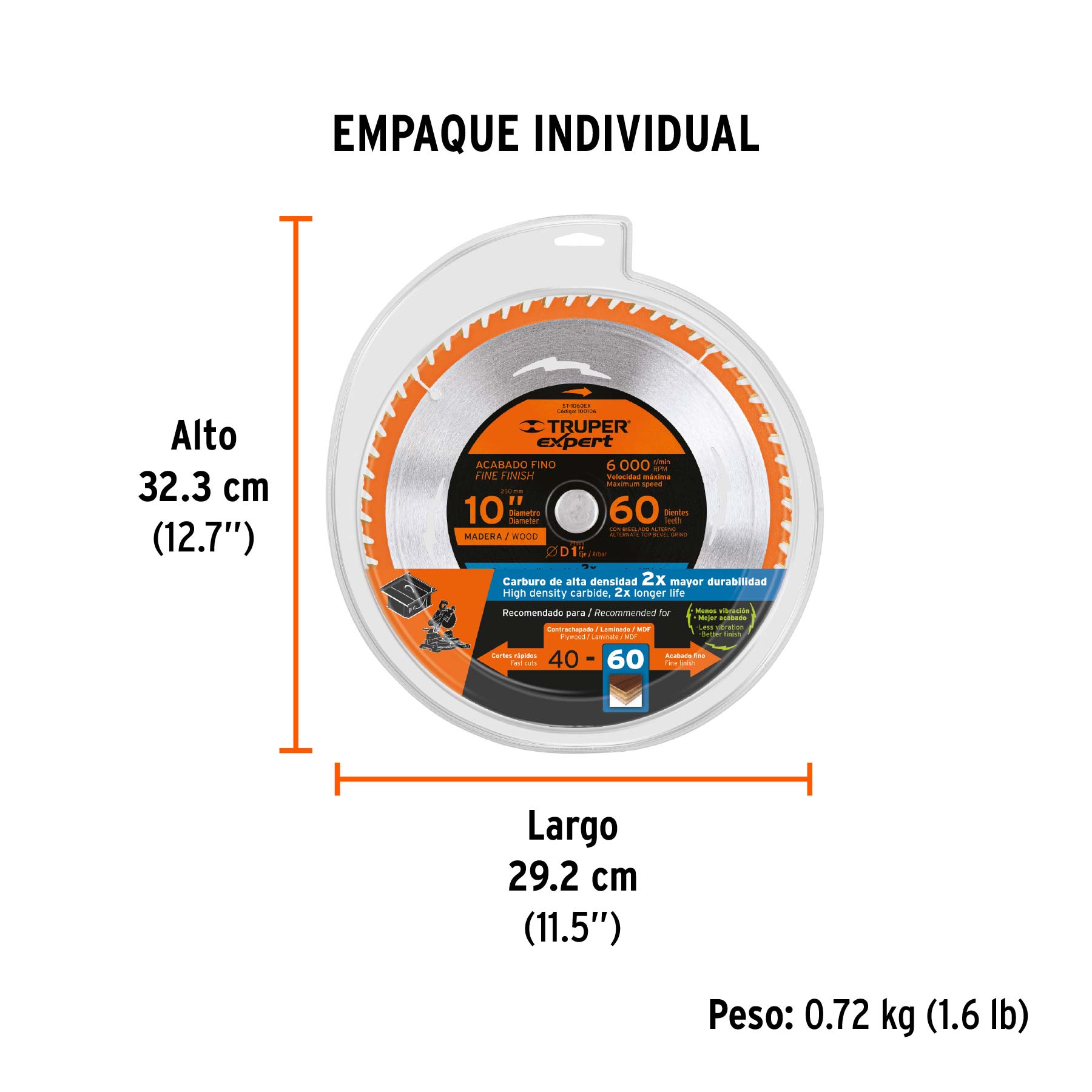 Disco sierra 10" para madera, 60 dientes centro 1", EXPERT - Empaque