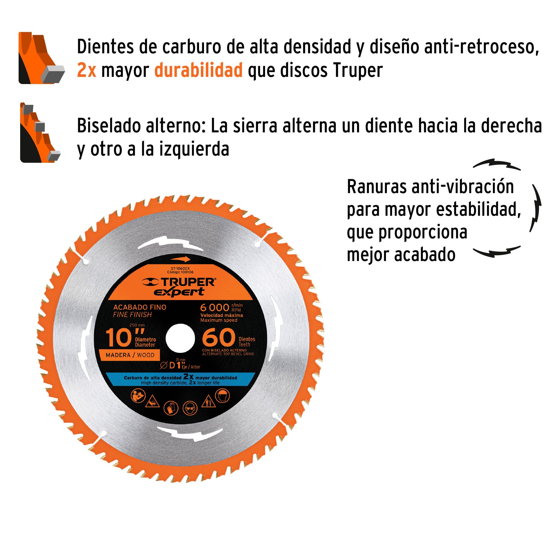 Disco sierra 10" para madera, 60 dientes centro 1", EXPERT