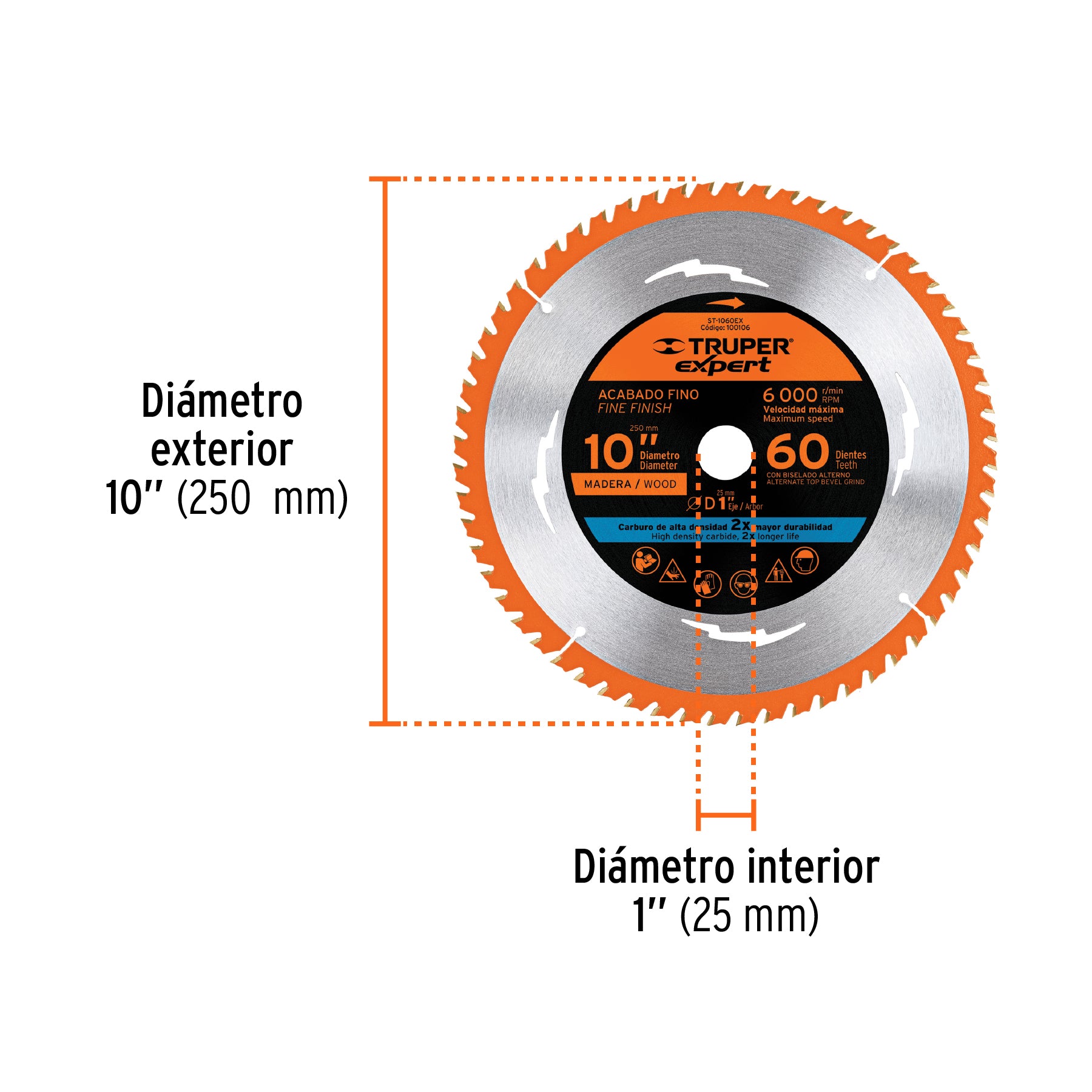 Disco sierra 10" para madera, 60 dientes centro 1", EXPERT