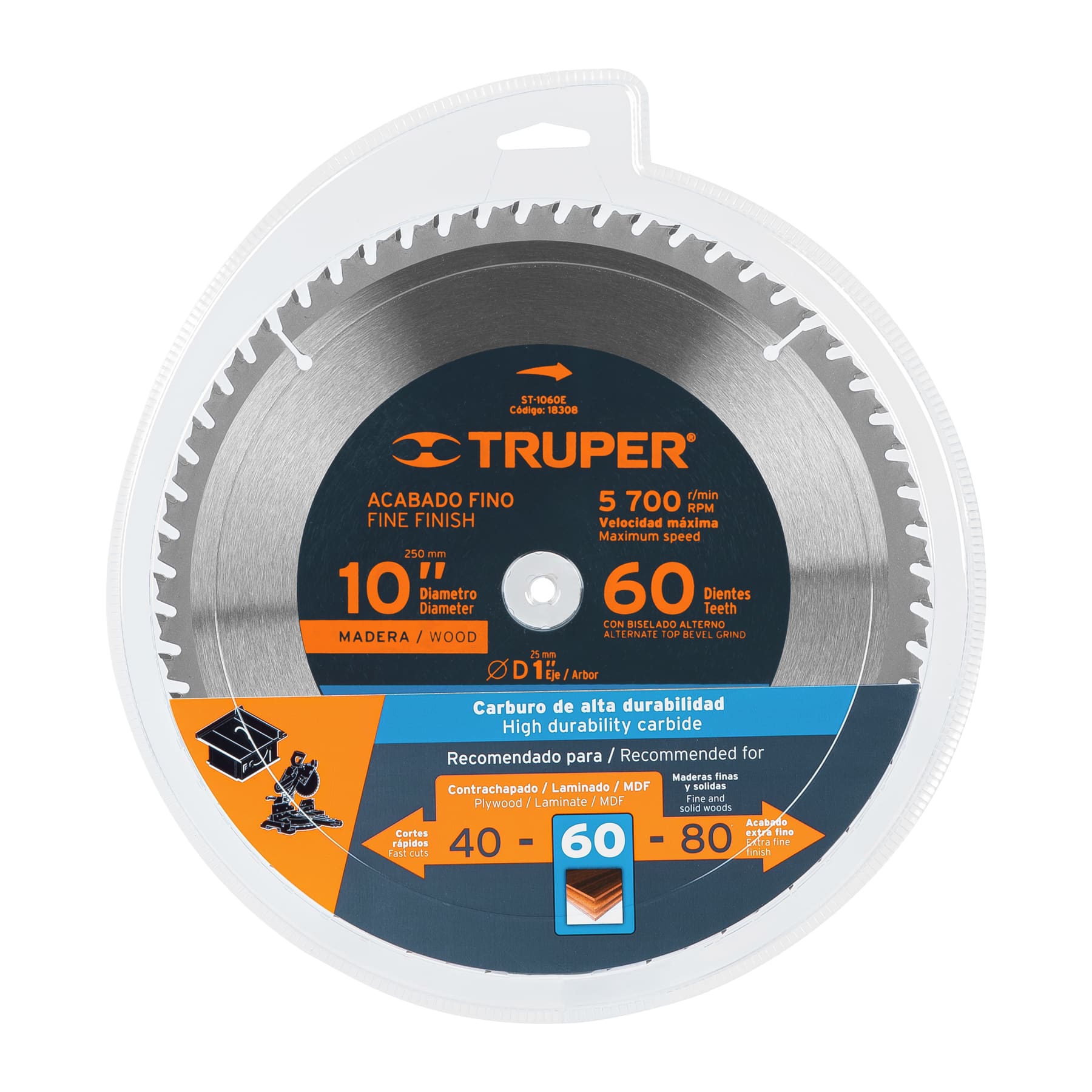 Disco sierra 10" para madera, 60 dientes centro 1", TRUPER