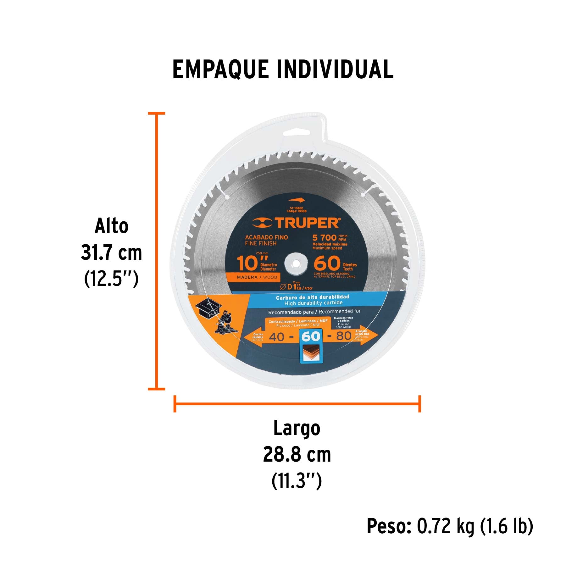 Disco sierra 10" para madera, 60 dientes centro 1", TRUPER - Empaque
