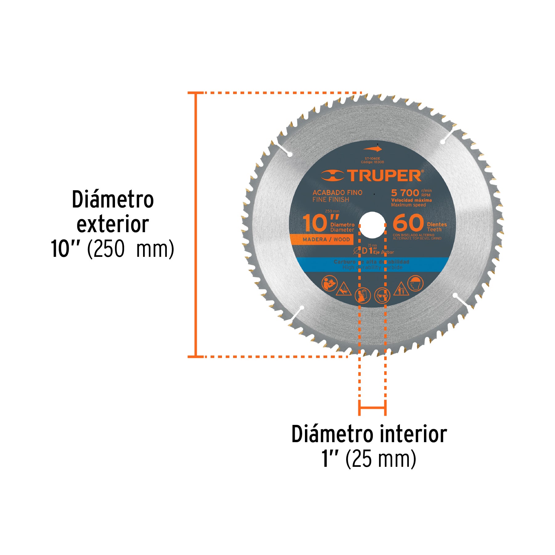 Disco sierra 10" para madera, 60 dientes centro 1", TRUPER