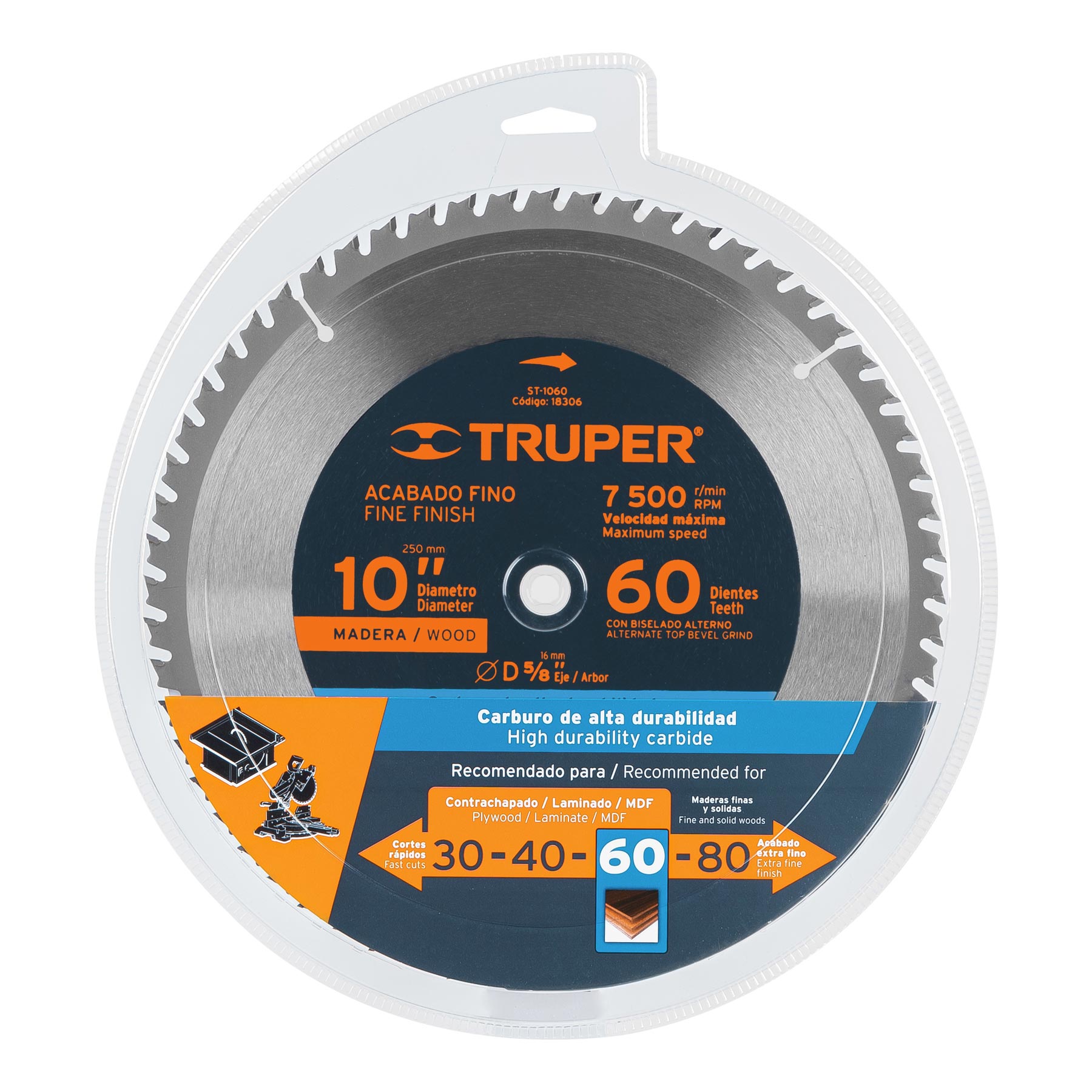 Disco sierra 10" para madera, 60 dientes centro 5/8", TRUPER