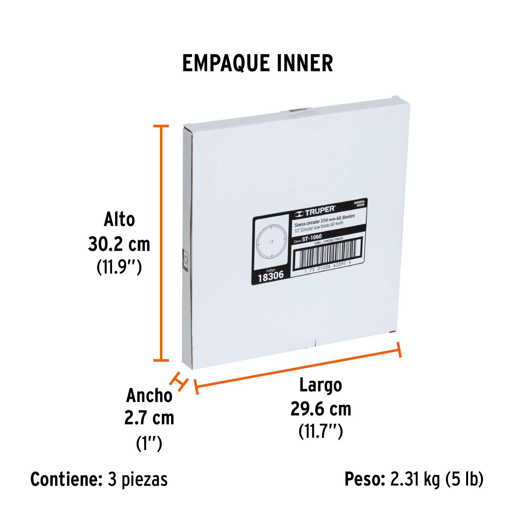 Disco sierra 10" para madera, 60 dientes centro 5/8", TRUPER - Empaque