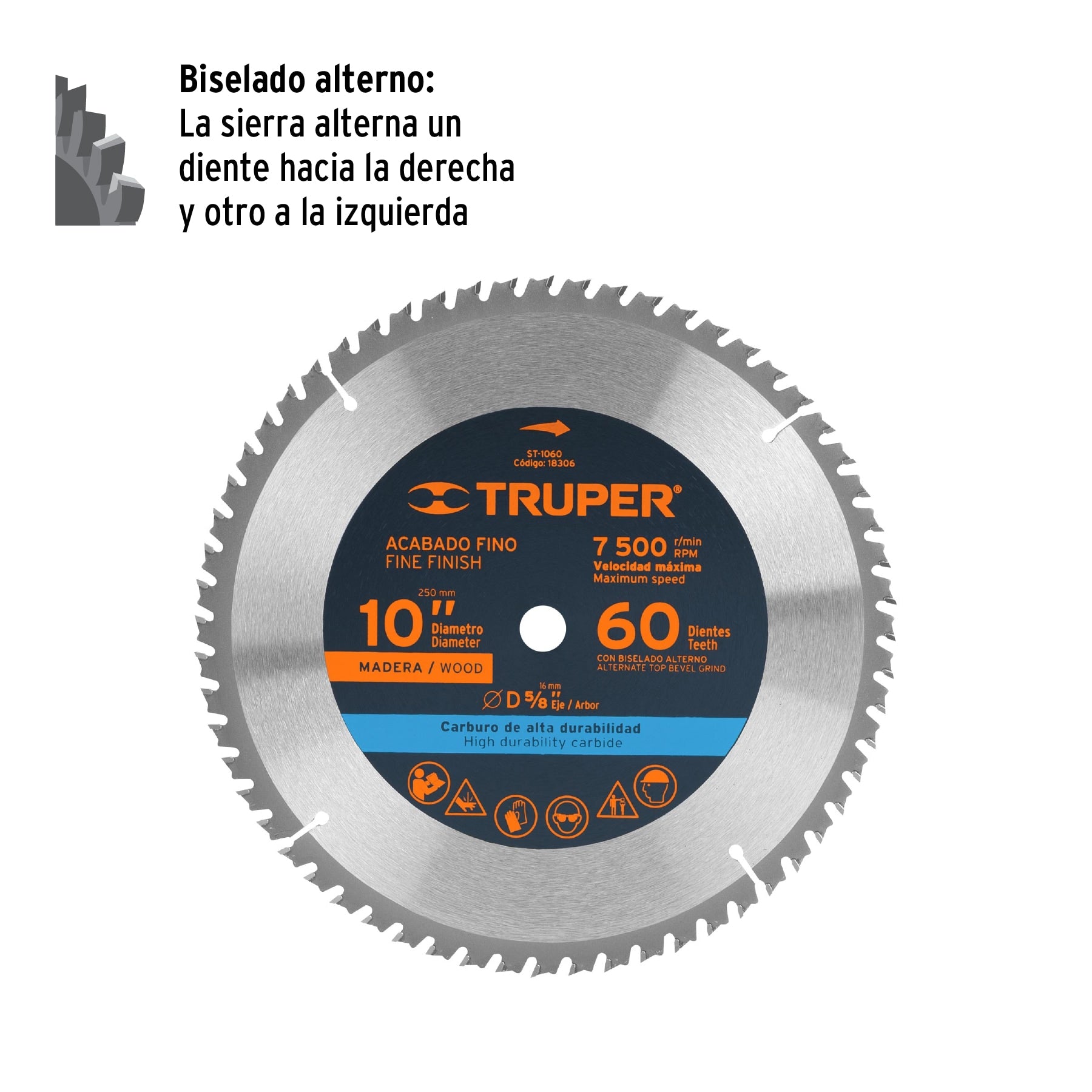 Disco sierra 10" para madera, 60 dientes centro 5/8", TRUPER