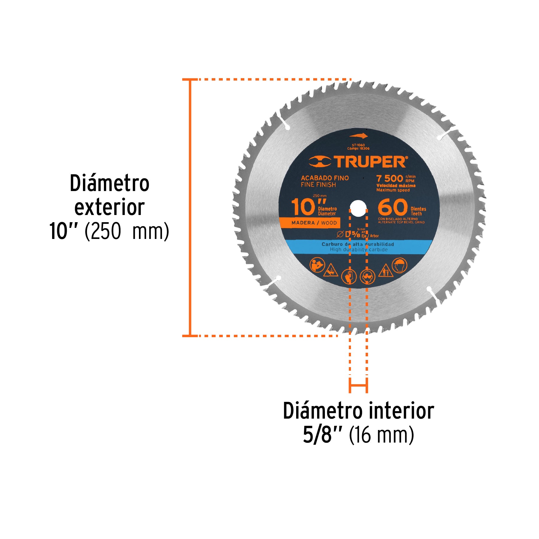 Disco sierra 10" para madera, 60 dientes centro 5/8", TRUPER