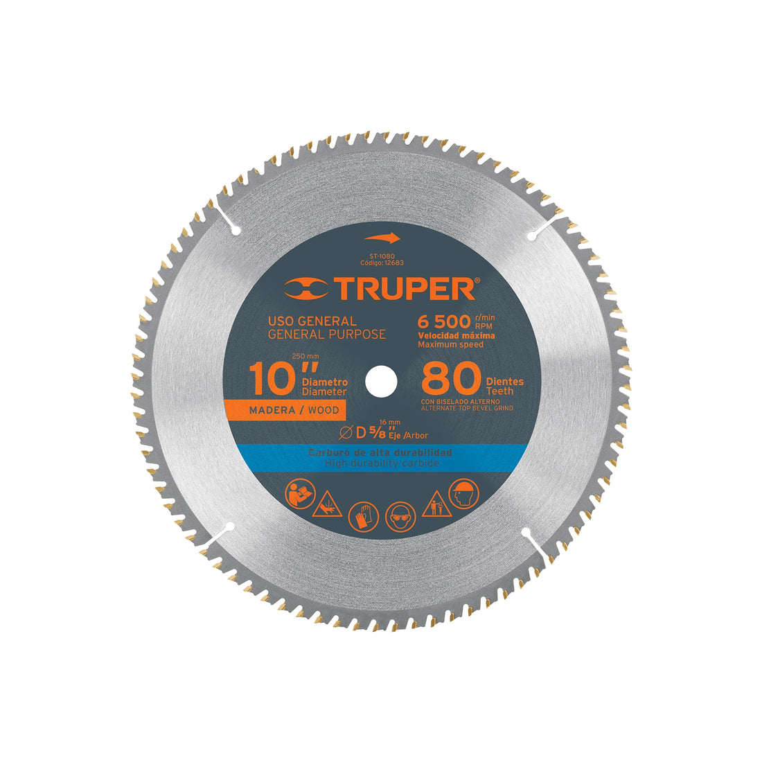 Disco sierra 10" para madera, 80 dientes centro 5/8", TRUPER