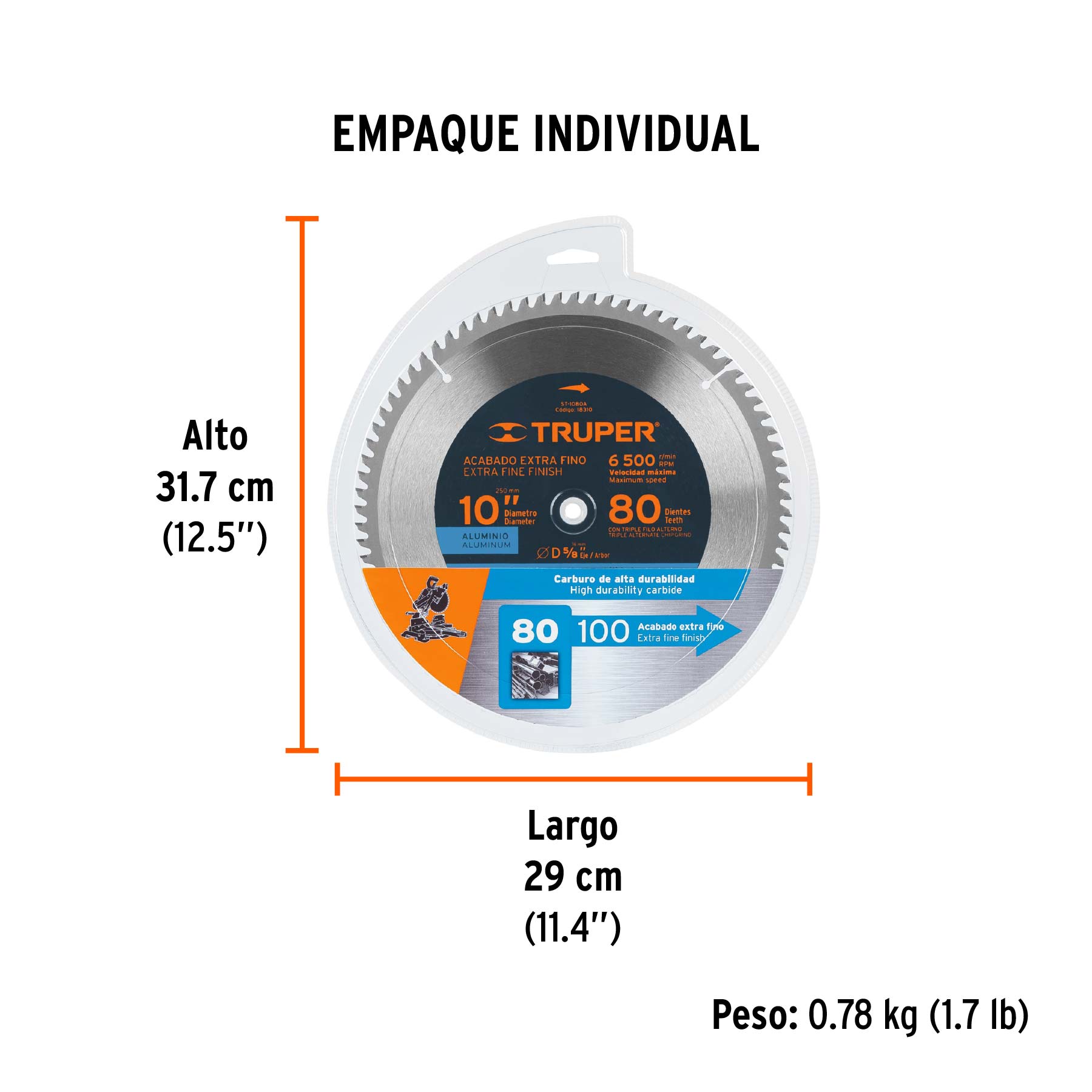 Disco sierra 10" para aluminio, 80 dientes centro 5/8" - Empaque